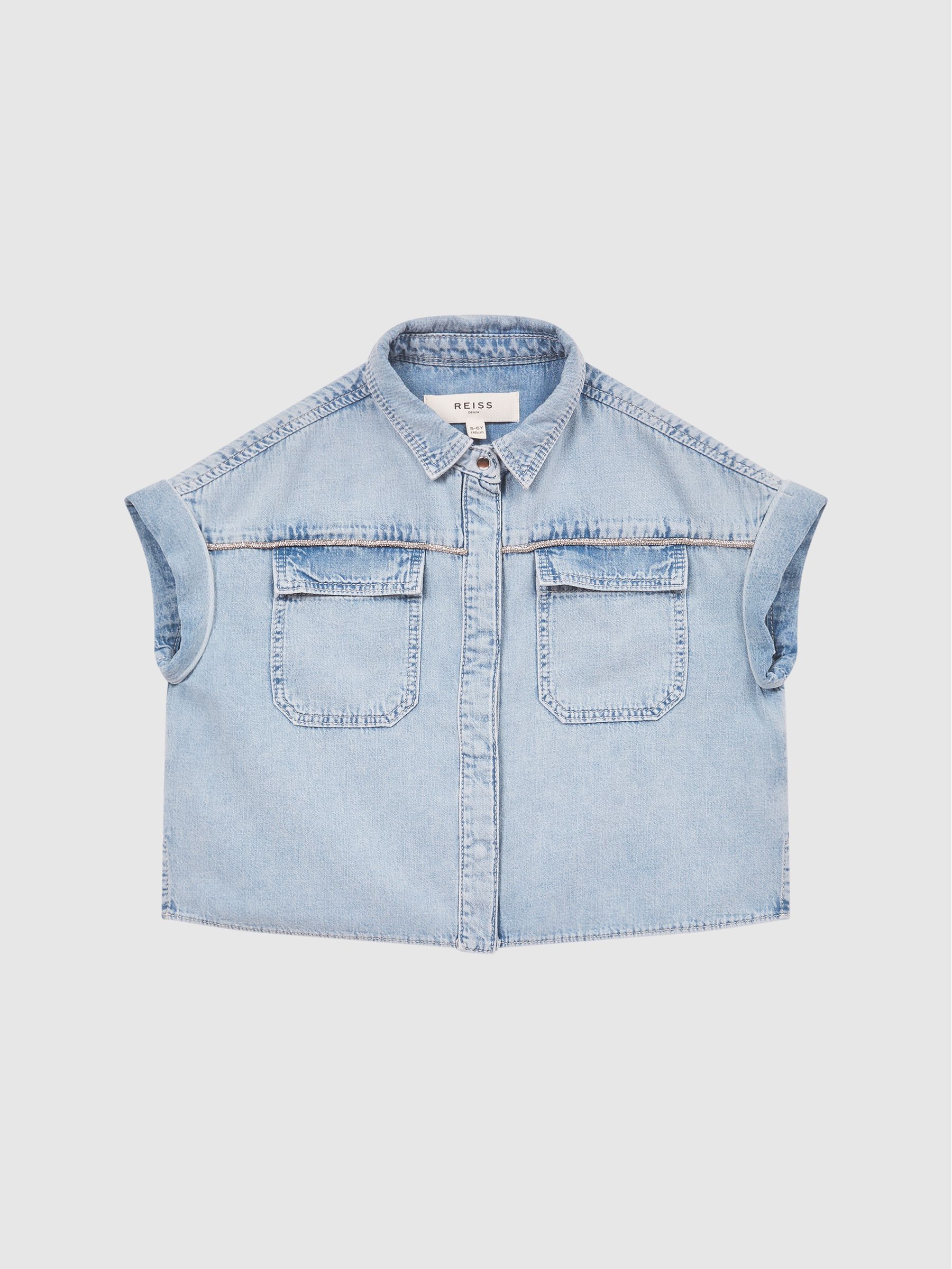 Senior Denim Crop Top in Mid Blue - Image 2 of 6