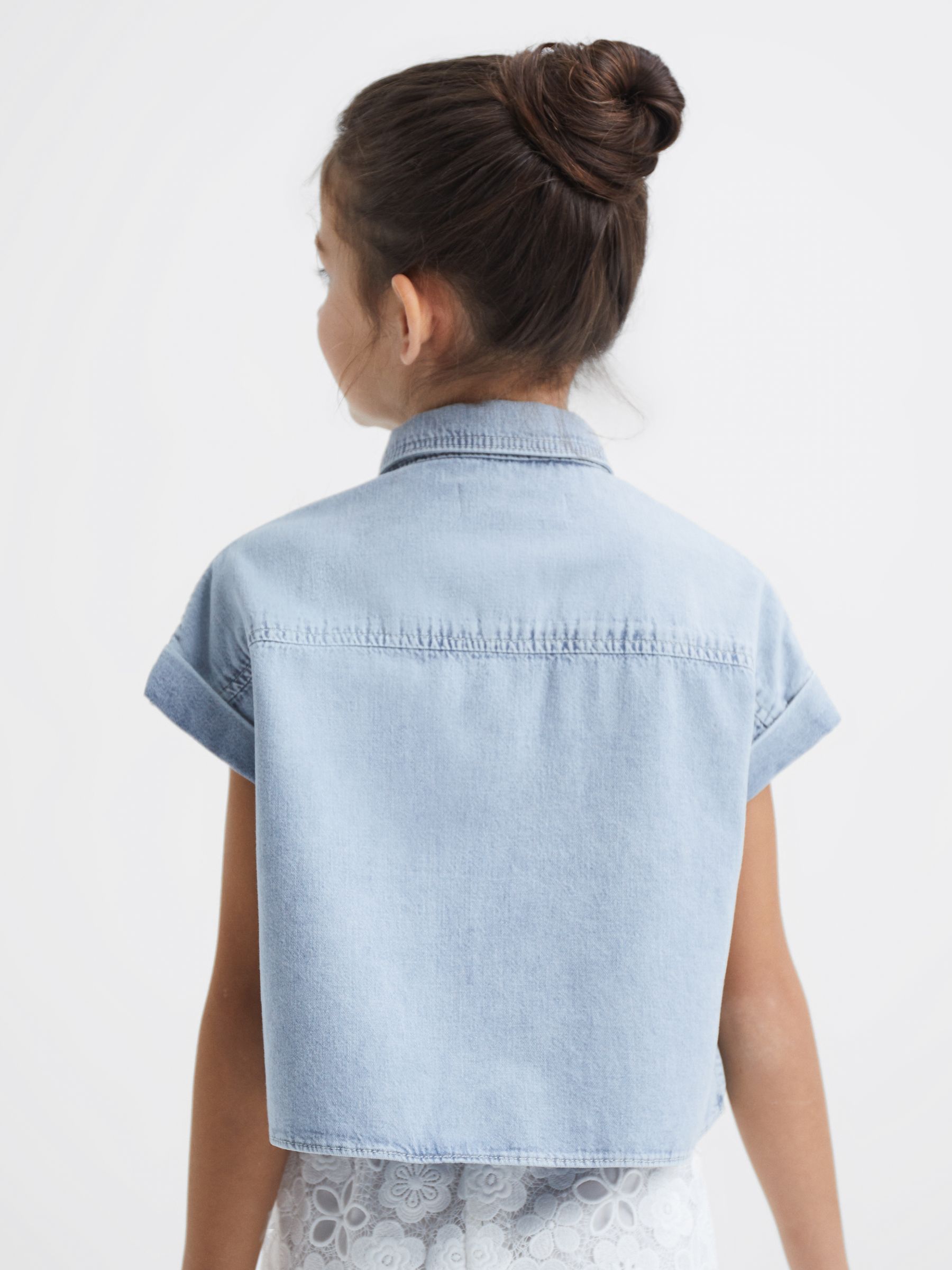 Junior Denim Crop Top in Mid Blue - Image 5 of 6