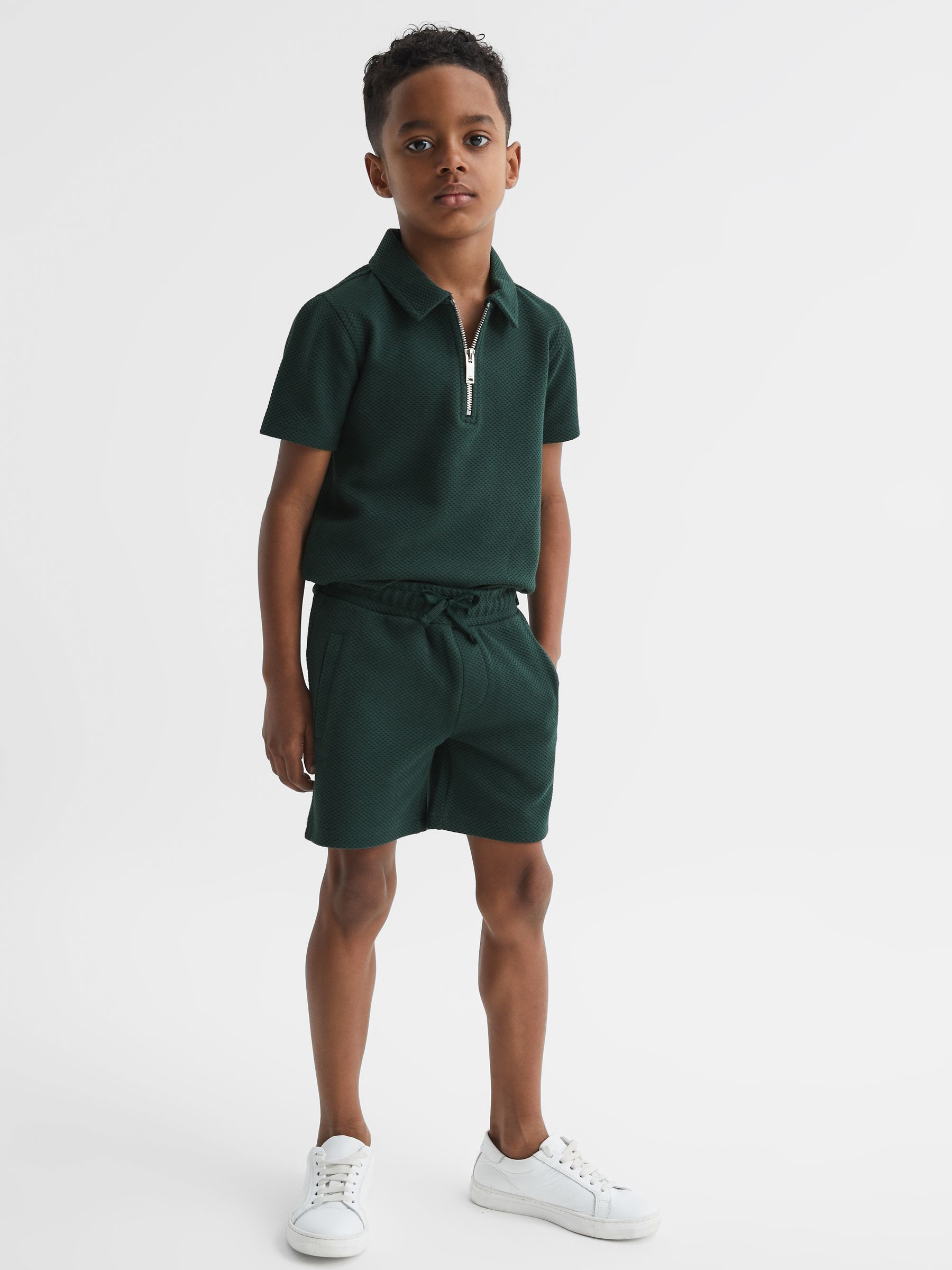 Slim Fit Textured Drawstring Shorts in Emerald - Image 1 of 6