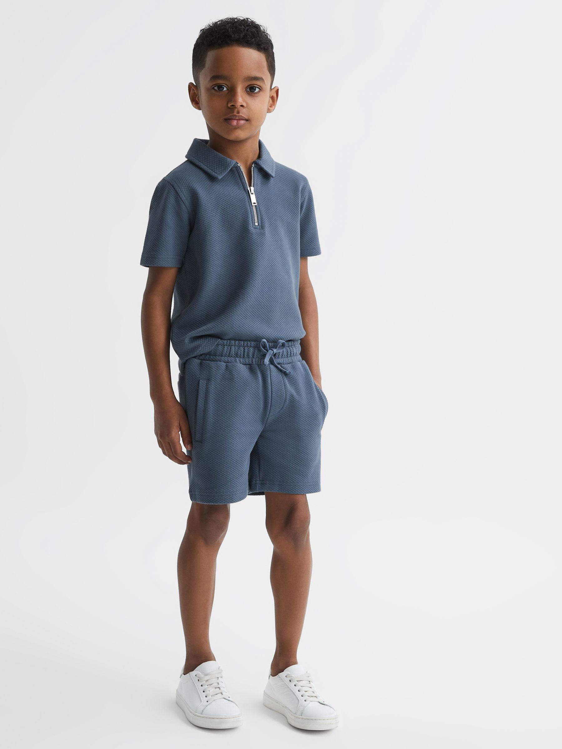 Slim Fit Textured Drawstring Shorts in Airforce Blue - Image 1 of 6 Slim Fit Textured Drawstring Shorts in Airforce Blue - Image 1 of 6