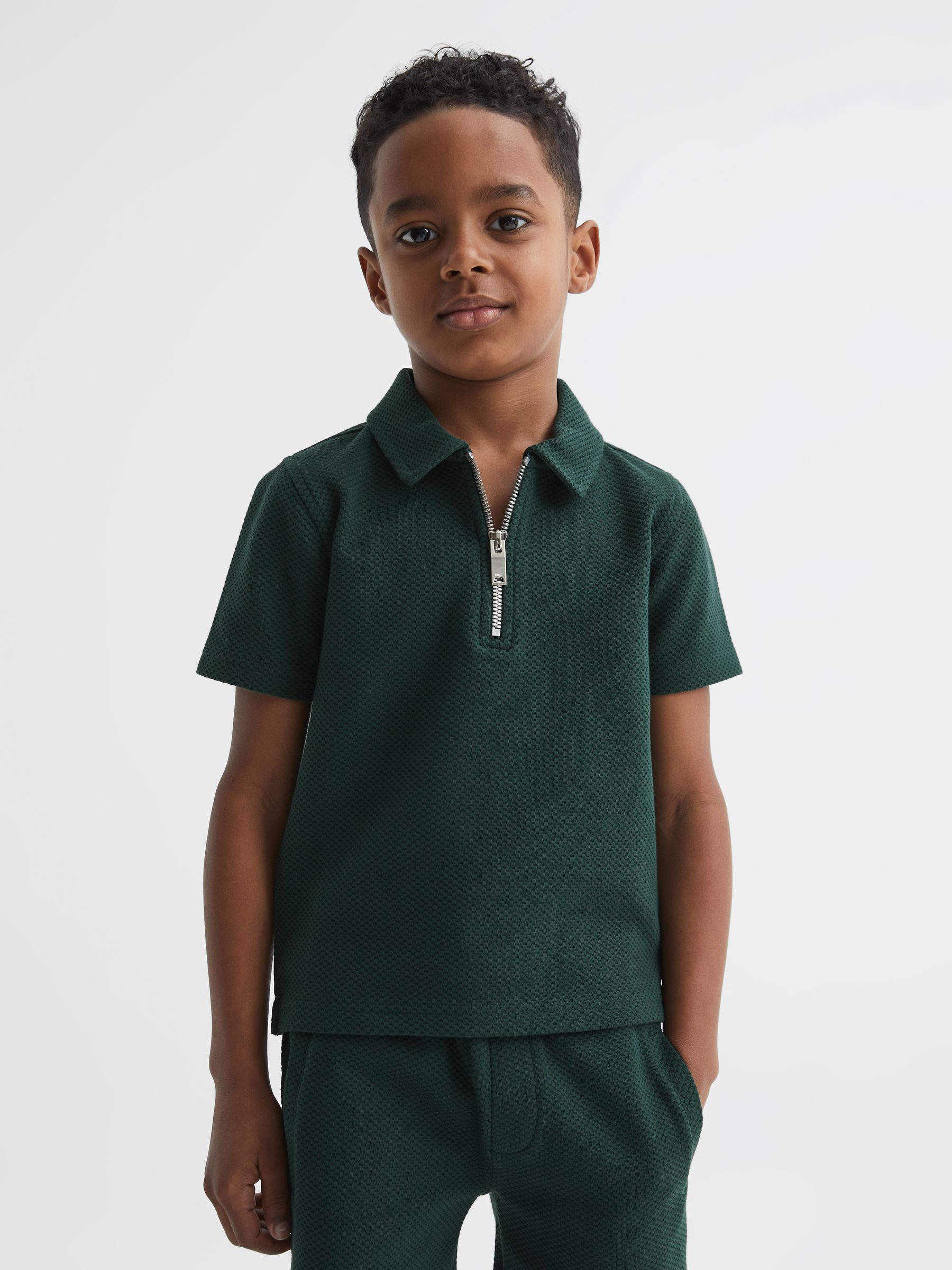 Slim Fit Textured Half Zip Polo Shirt in Emerald - Image 3 of 6