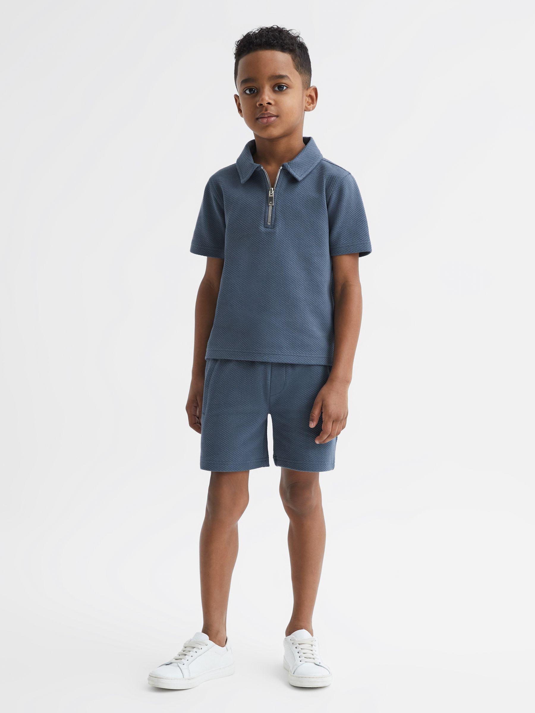 Slim Fit Textured Half Zip Polo Shirt in Airforce Blue - Image 1 of 6