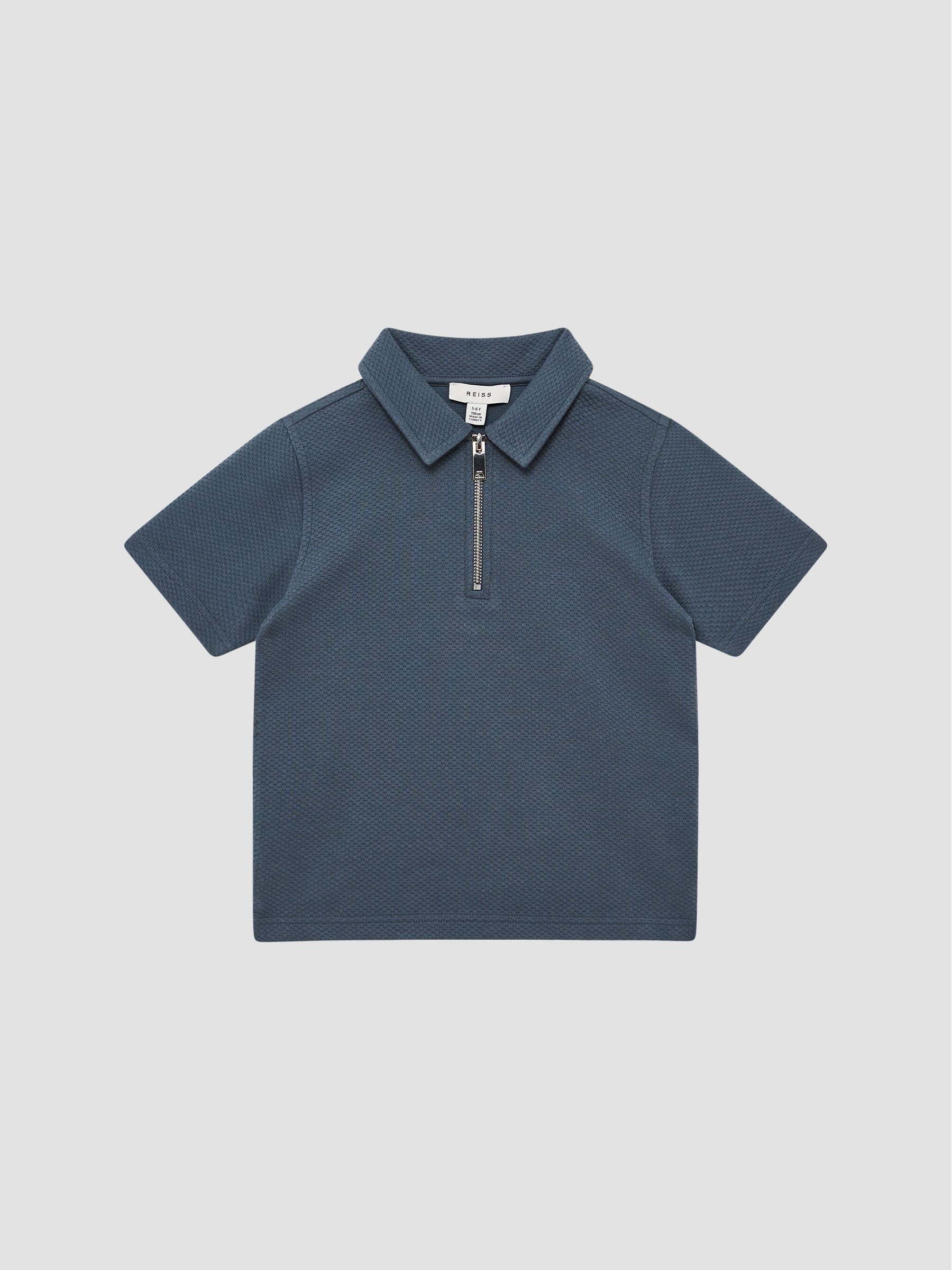 Slim Fit Textured Half Zip Polo Shirt in Airforce Blue - Image 2 of 6