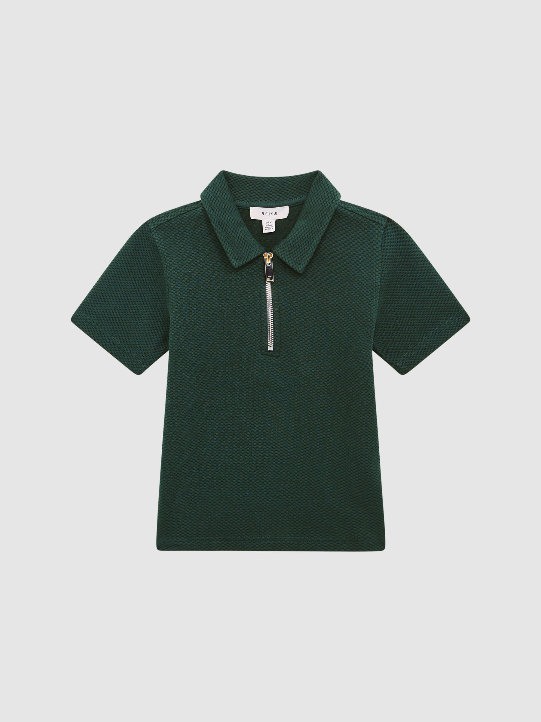 Slim Fit Textured Half Zip Polo Shirt in Emerald - Image 2 of 6