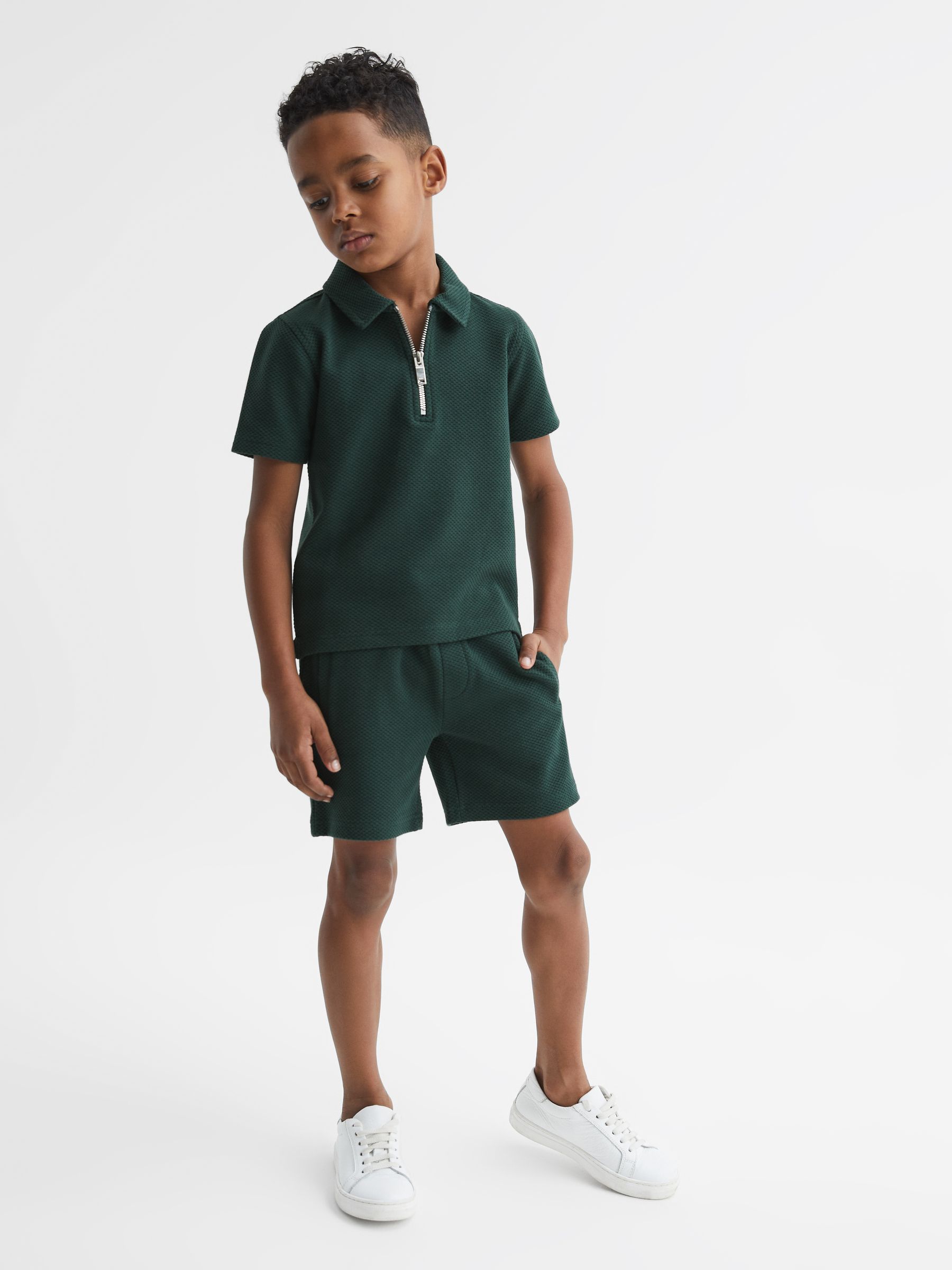 Slim Fit Textured Half Zip Polo Shirt in Emerald - Image 3 of 6