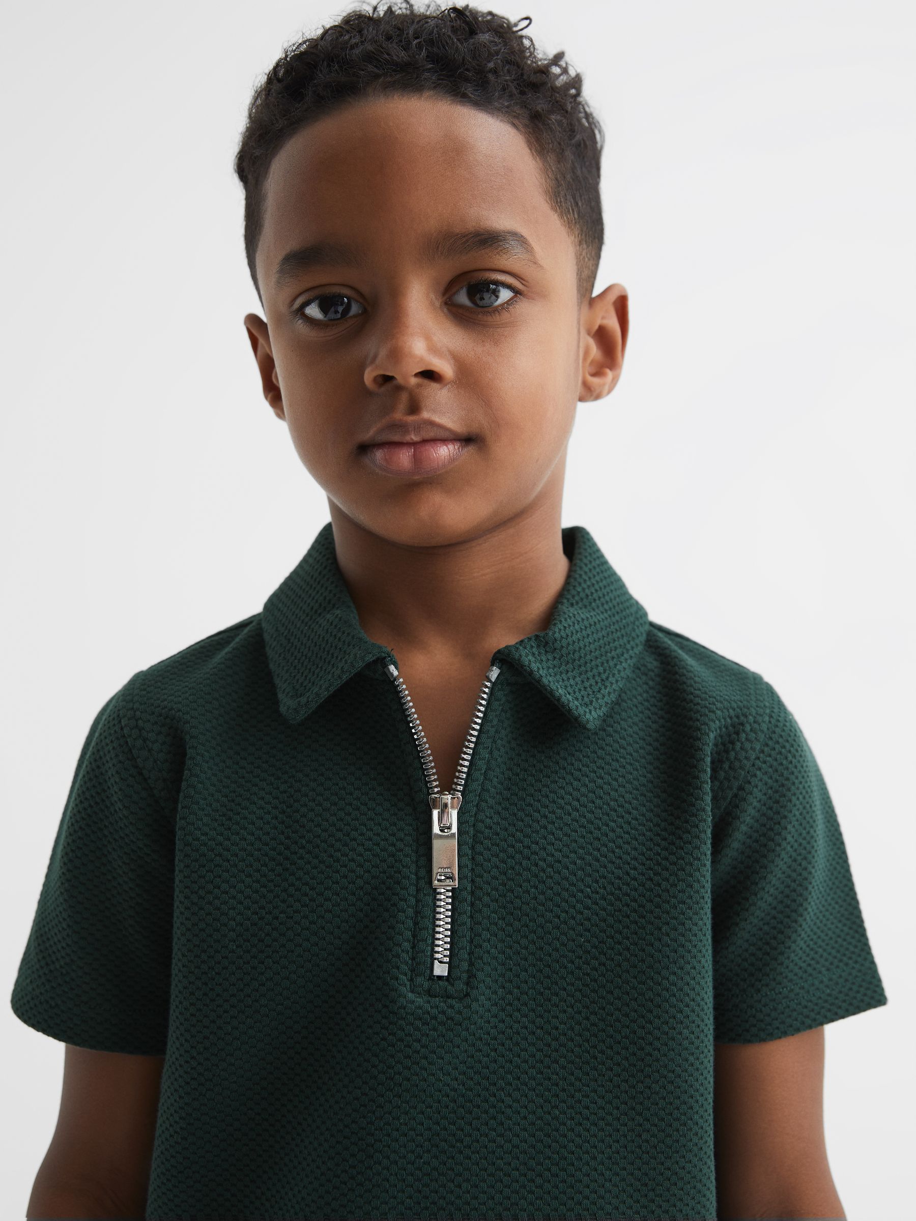 Slim Fit Textured Half Zip Polo Shirt in Emerald - Image 4 of 6