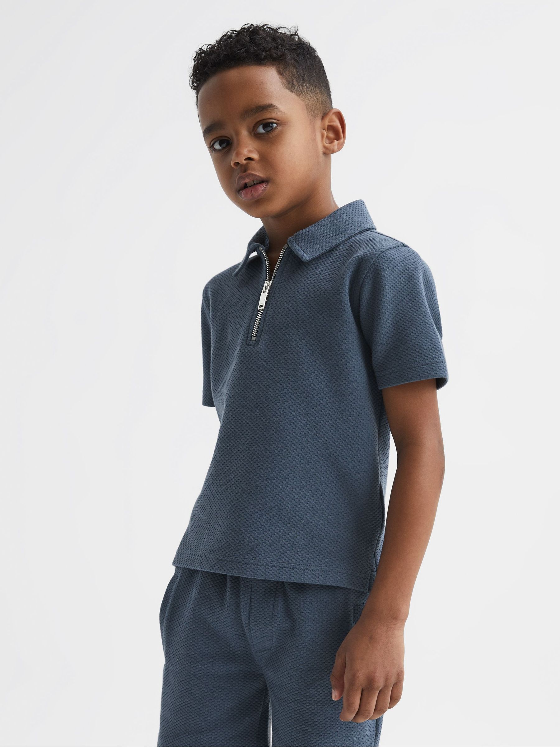 Slim Fit Textured Half Zip Polo Shirt in Airforce Blue - Image 1 of 6