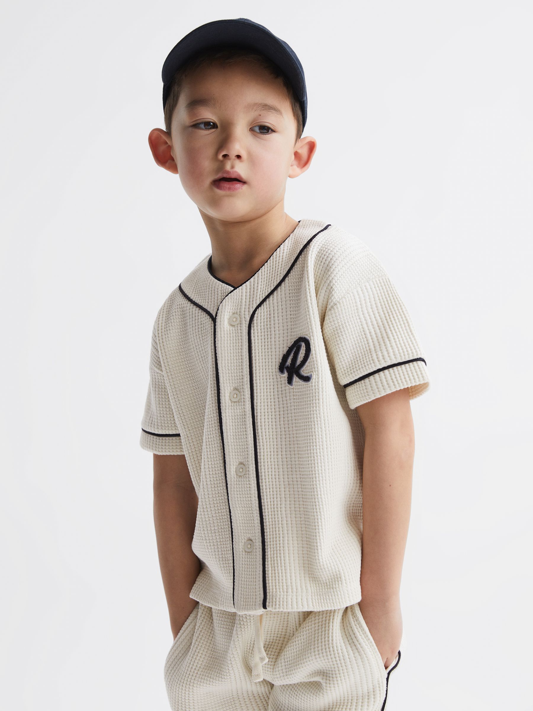 Junior Textured Collarless Shirt in Ecru - Image 1 of 6