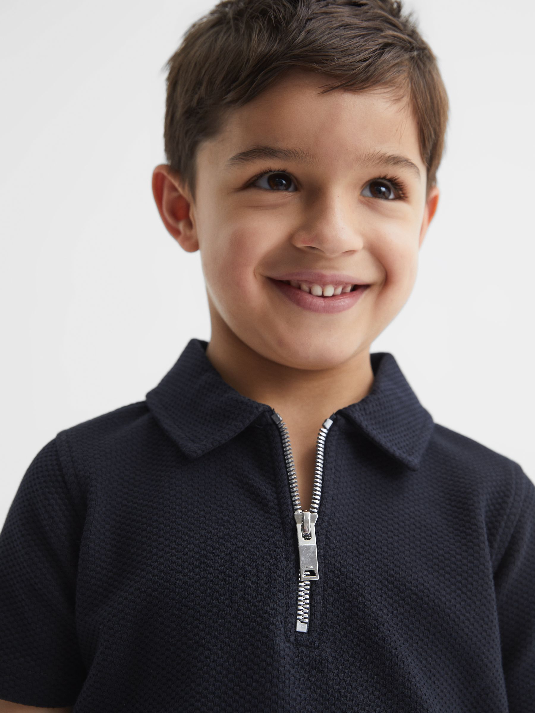 Slim Fit Textured Half Zip Polo Shirt in Navy - Image 4 of 6