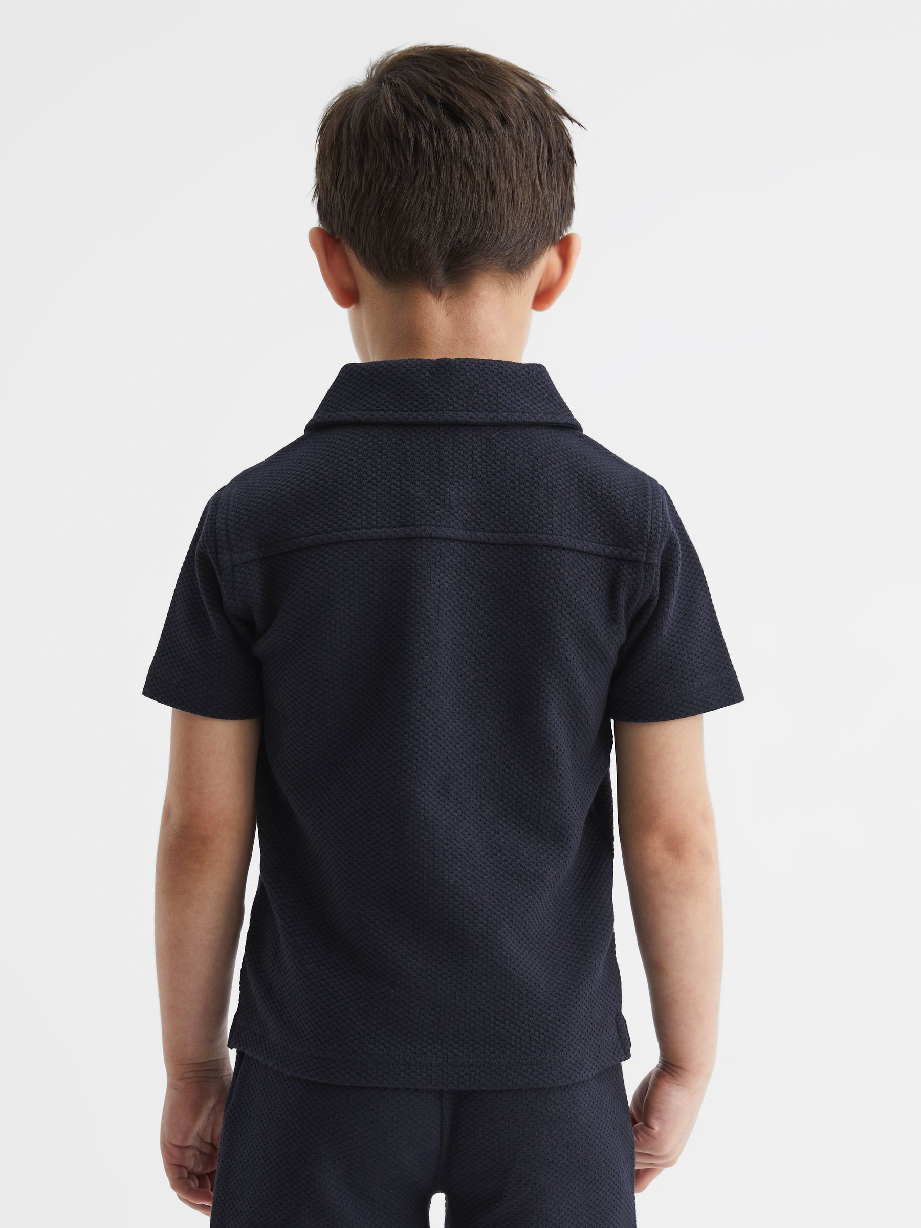 Slim Fit Textured Half Zip Polo Shirt in Navy - Image 5 of 6