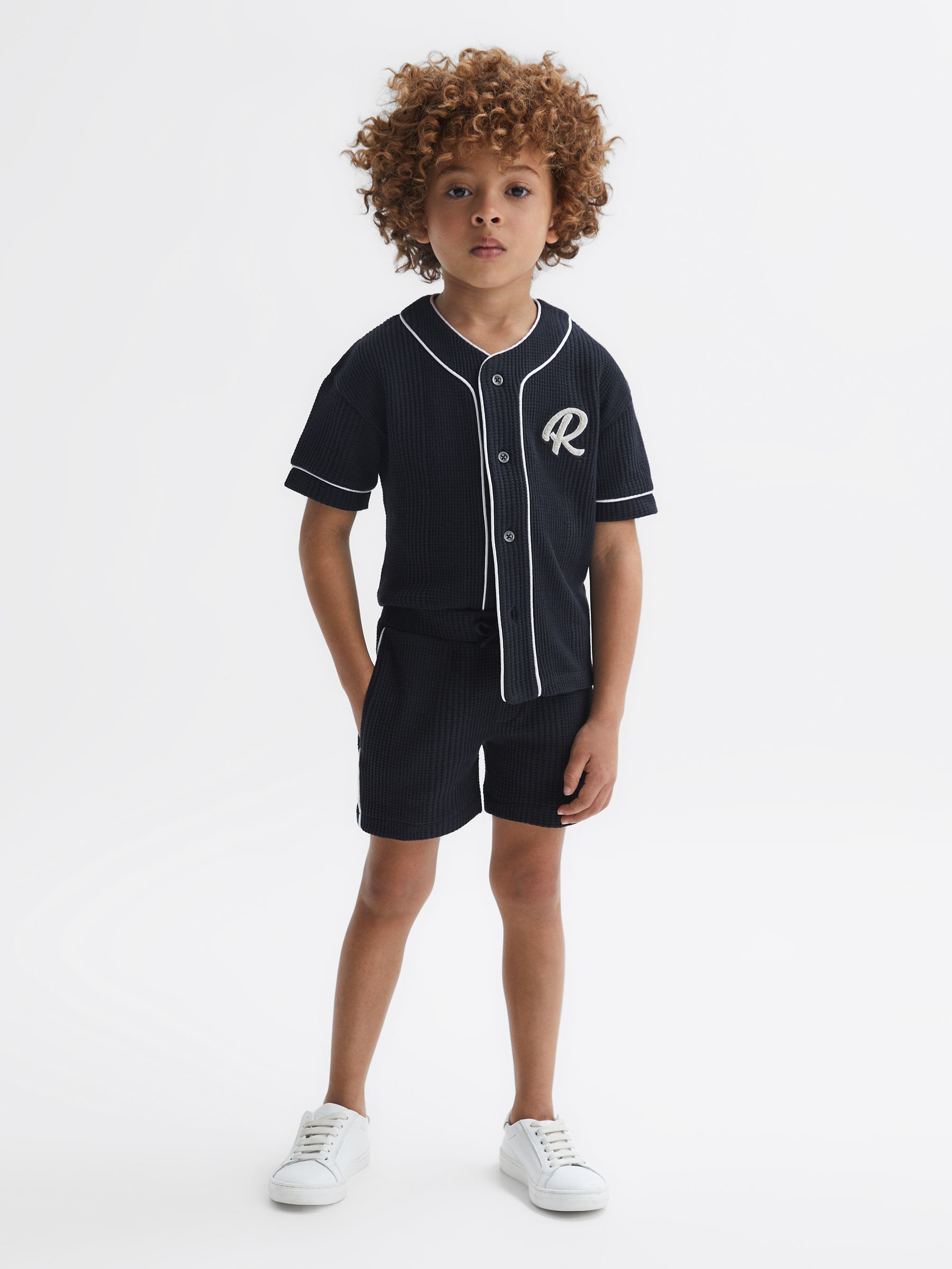 Junior Textured Collarless Shirt in Navy - Image 3 of 6