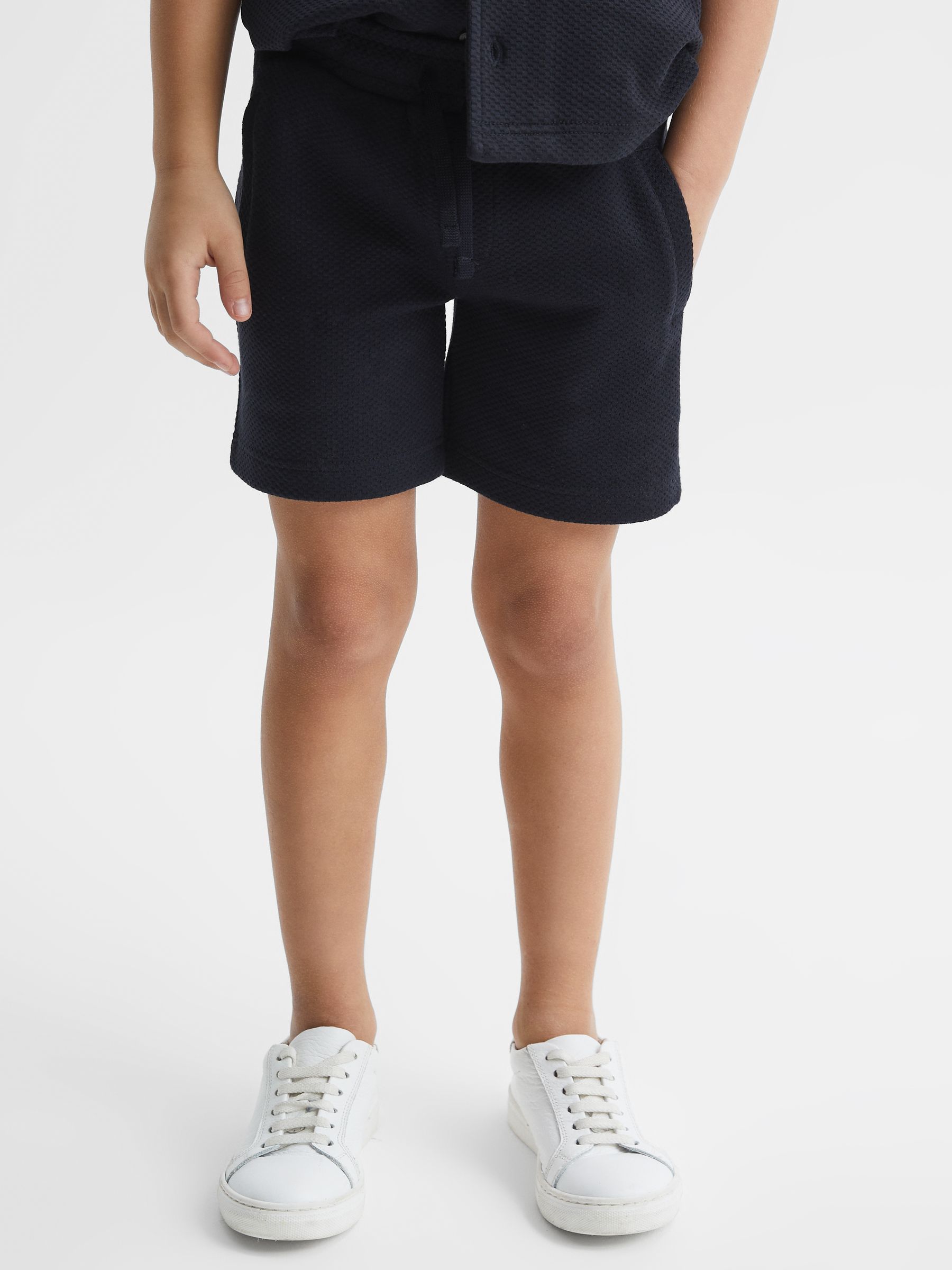 Slim Fit Textured Drawstring Shorts in Navy - Image 3 of 6