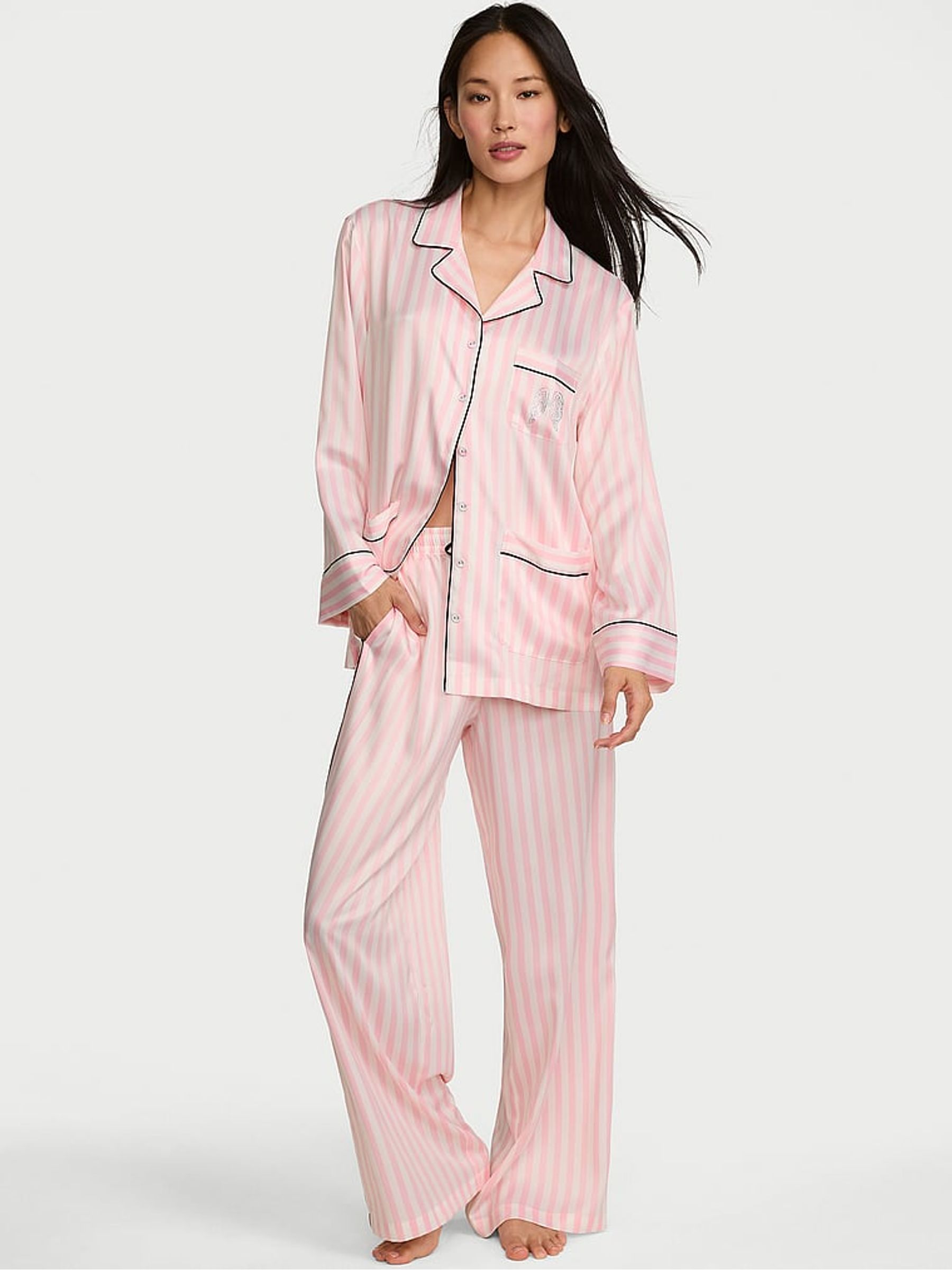 Pink Iconic Stripe Fashion Show Satin Long Pyjamas Set - Image 1 of 4 Pink Iconic Stripe Fashion Show Satin Long Pyjamas Set - Image 1 of 4