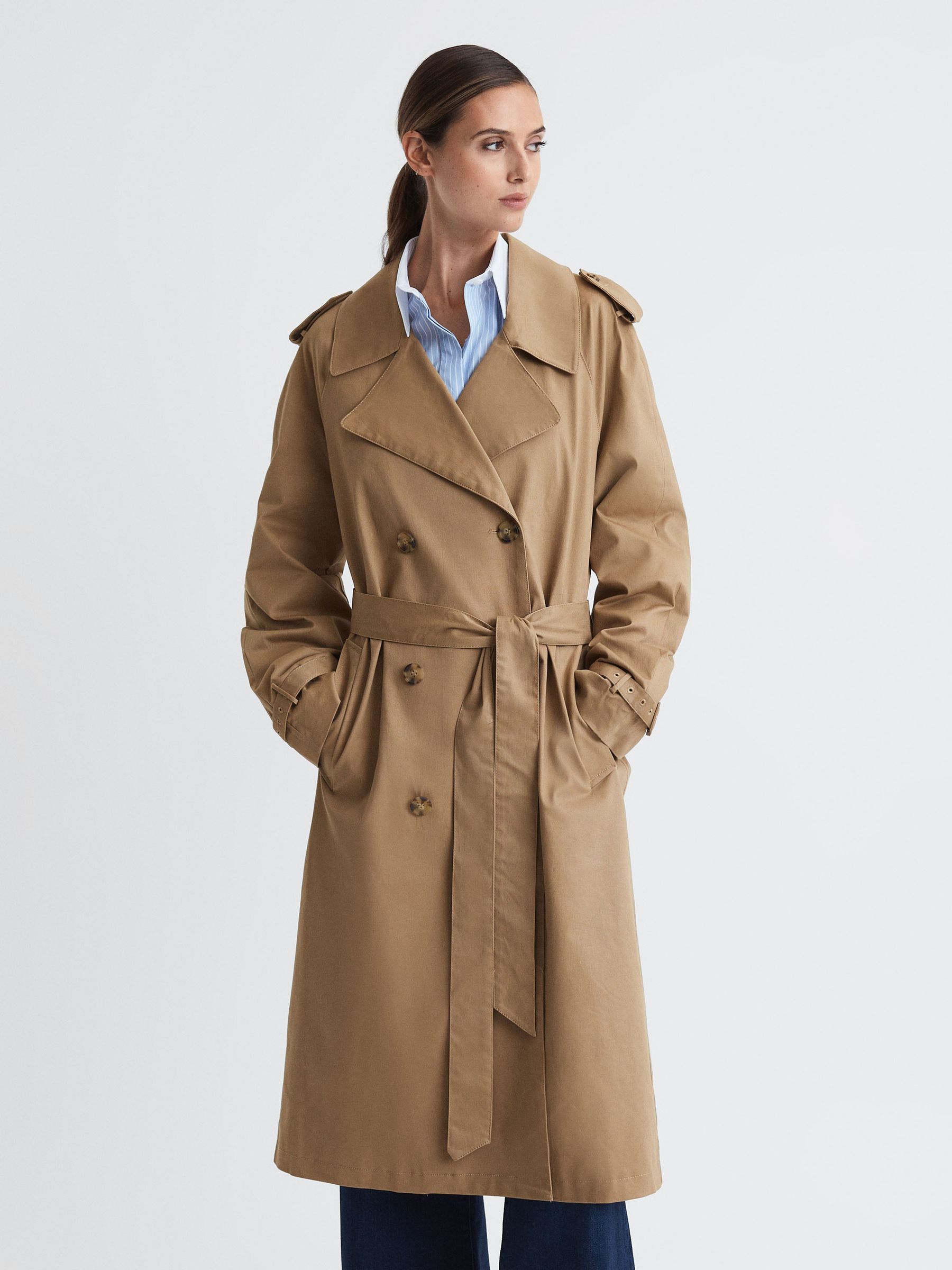 Good American Belted Trench Coat in Khaki - Image 1 of 6