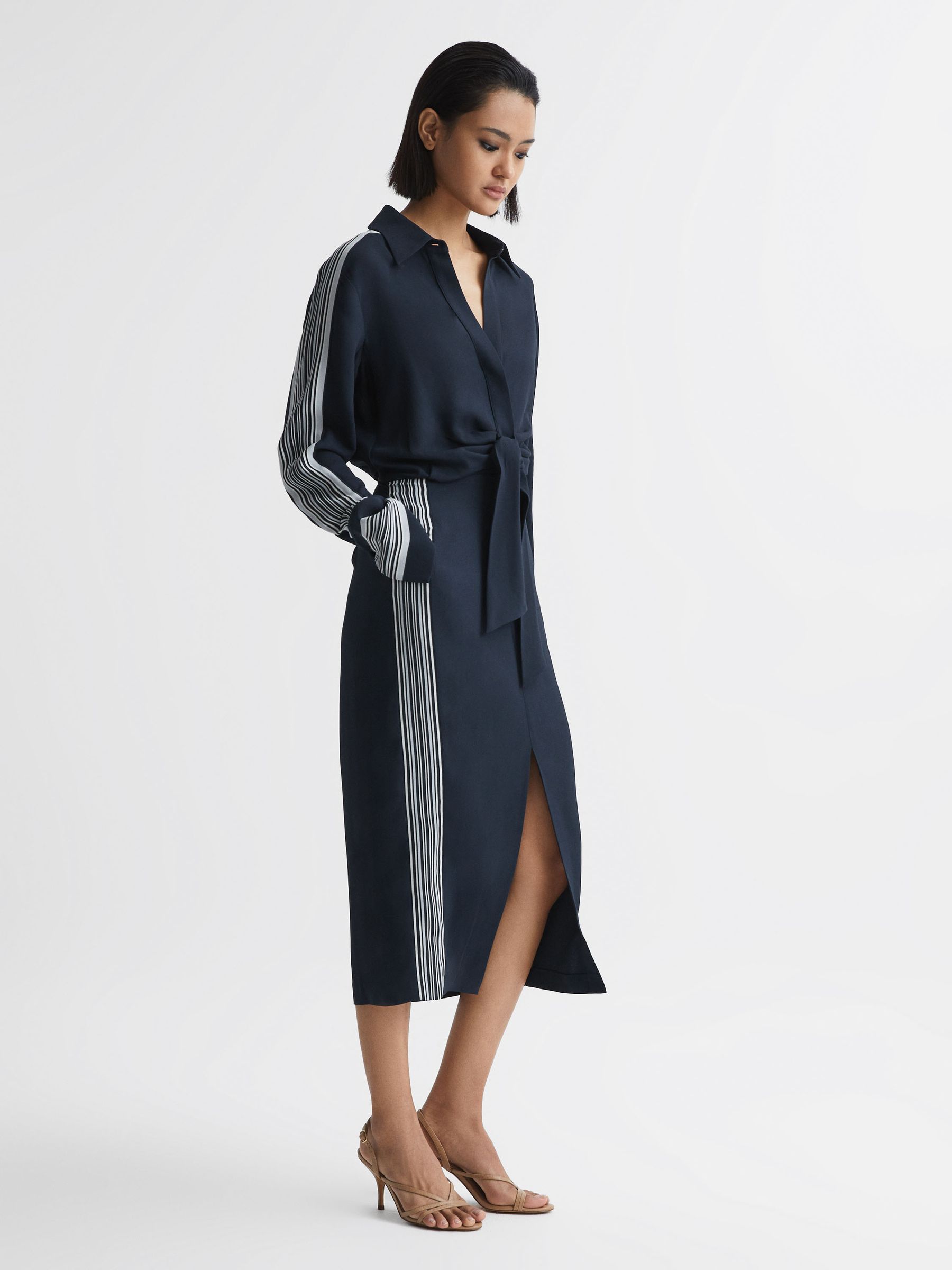 Side Stripe Tie Front Midi Dress in Navy - Image 1 of 8