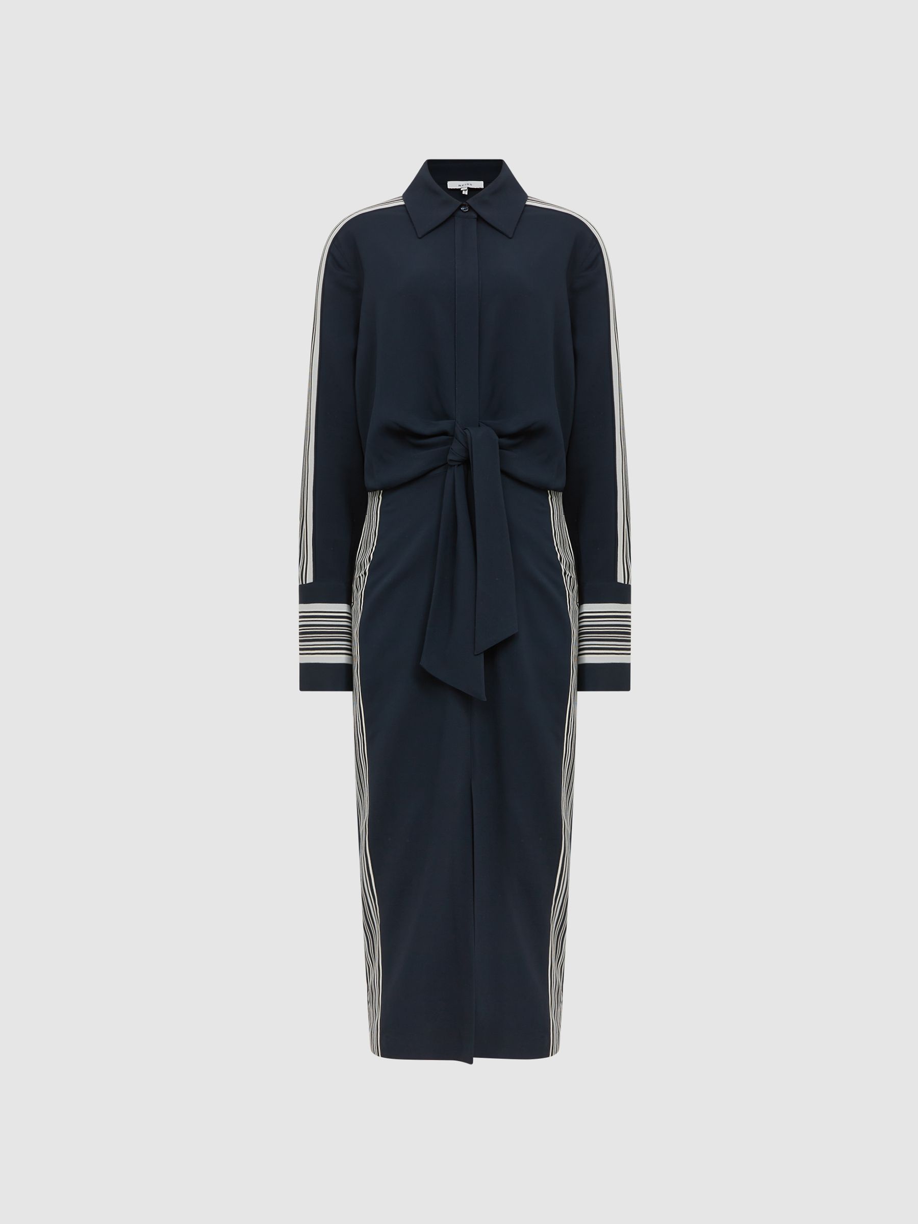 Side Stripe Tie Front Midi Dress in Navy - Image 2 of 8