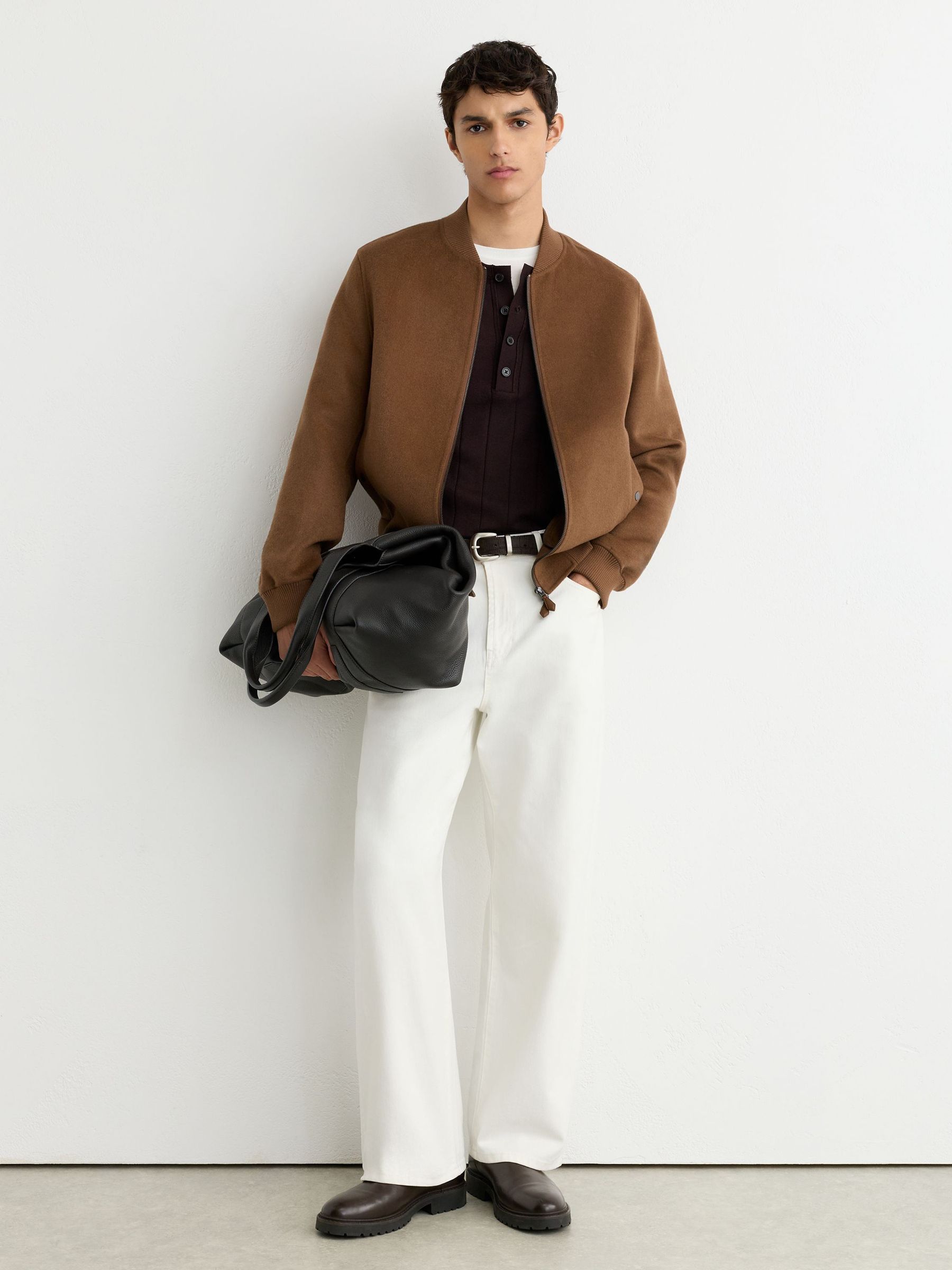 Wool-Blend Zip-Through Bomber Jacket in Tobacco Brown - Image 3 of 7