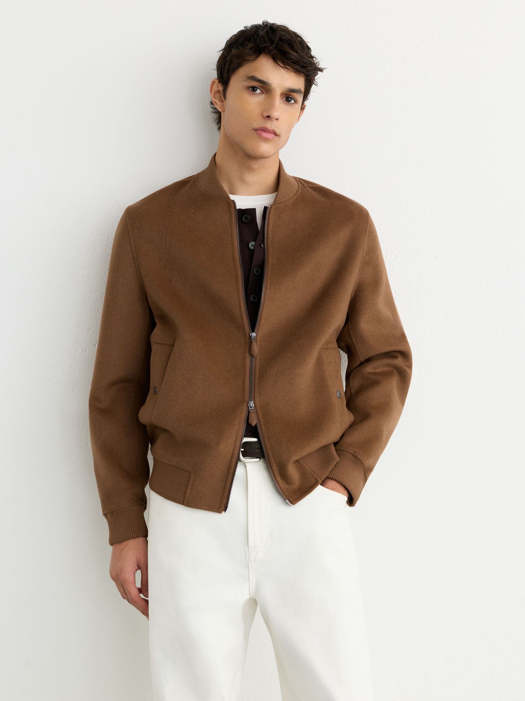 Wool-Blend Zip-Through Bomber Jacket in Tobacco Brown - Image 5 of 7