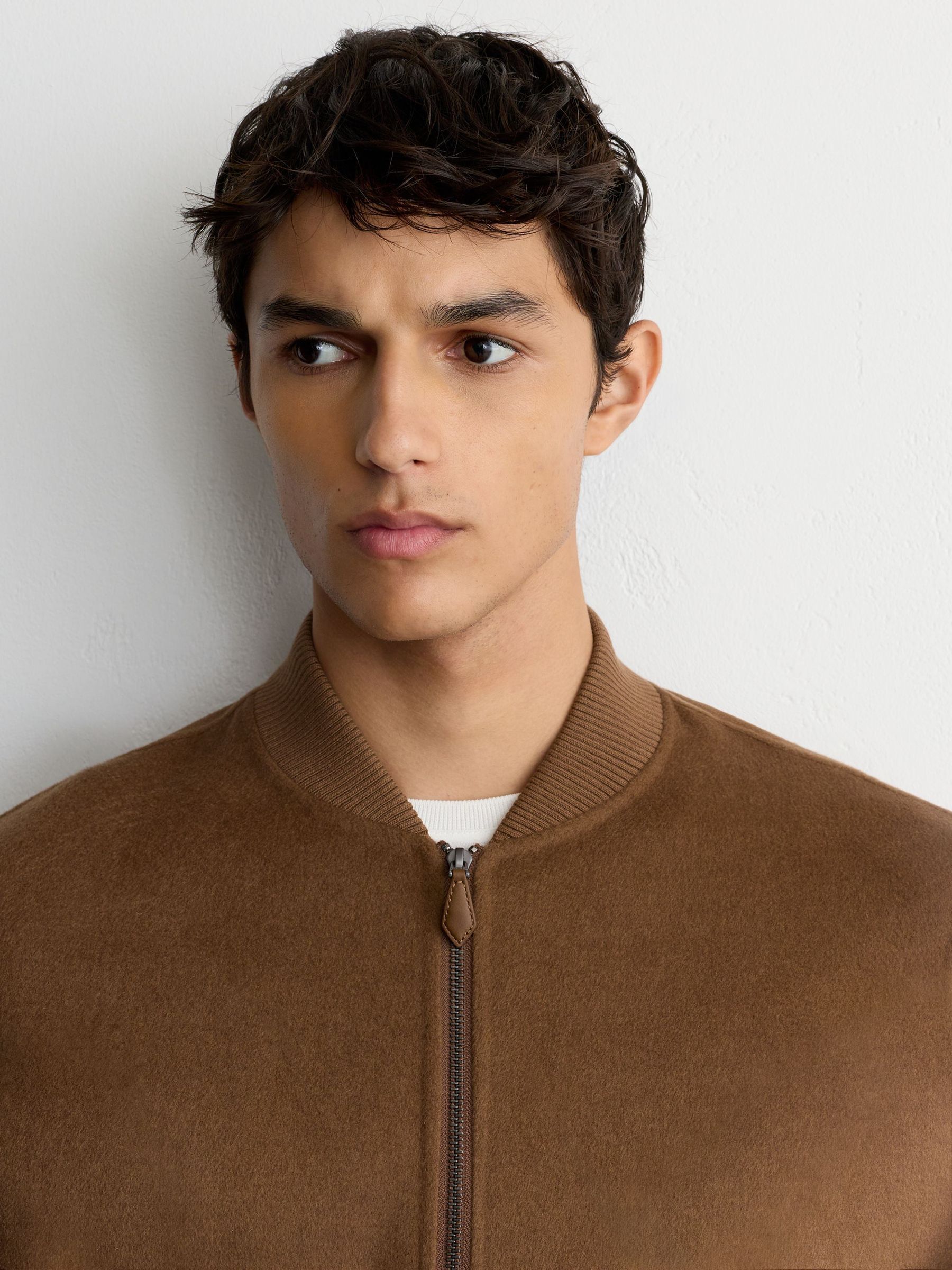 Wool-Blend Zip-Through Bomber Jacket in Tobacco Brown - Image 6 of 7