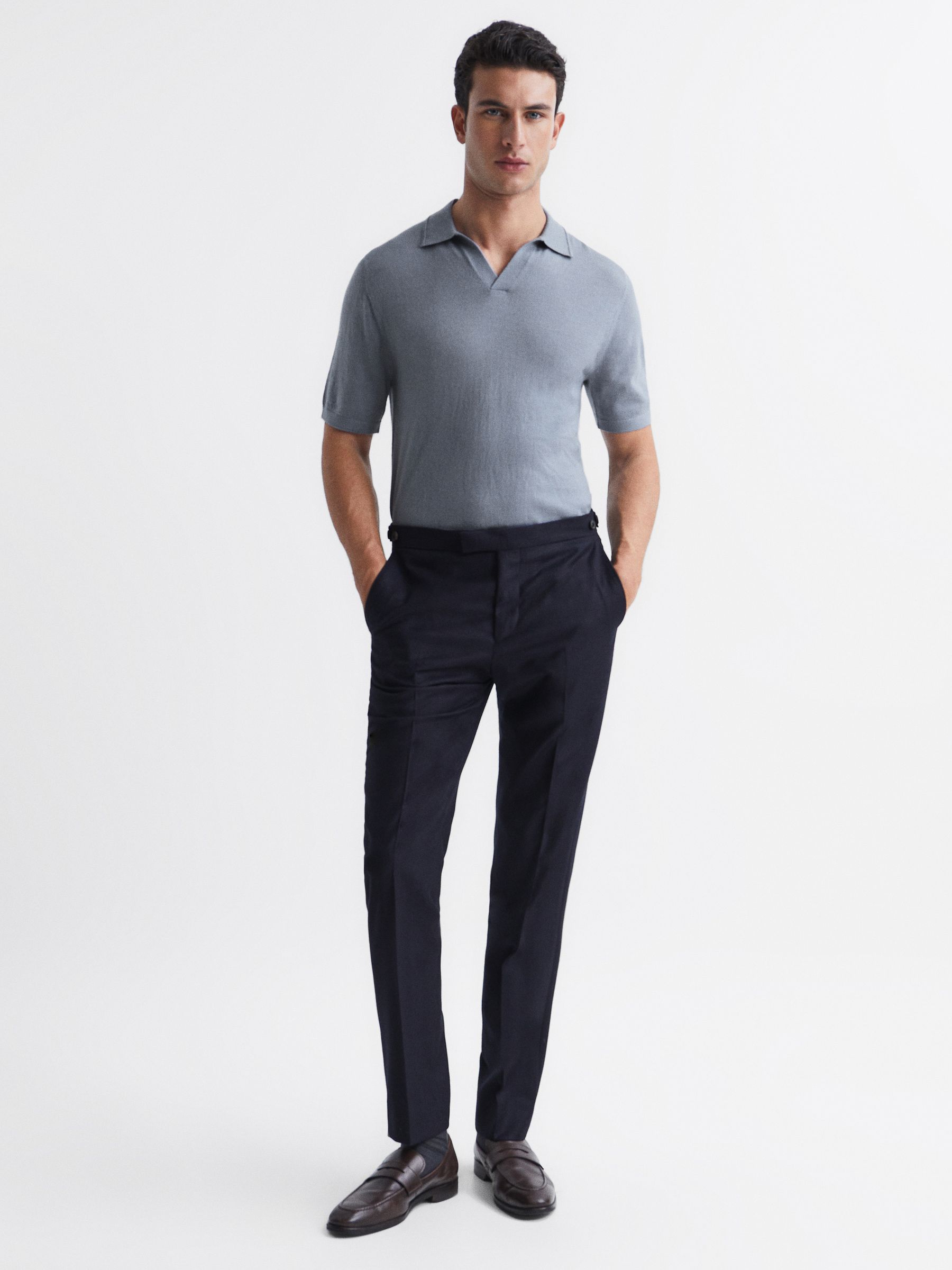 Merino Wool Open Collar Polo Shirt in Dove Blue - Image 1 of 6