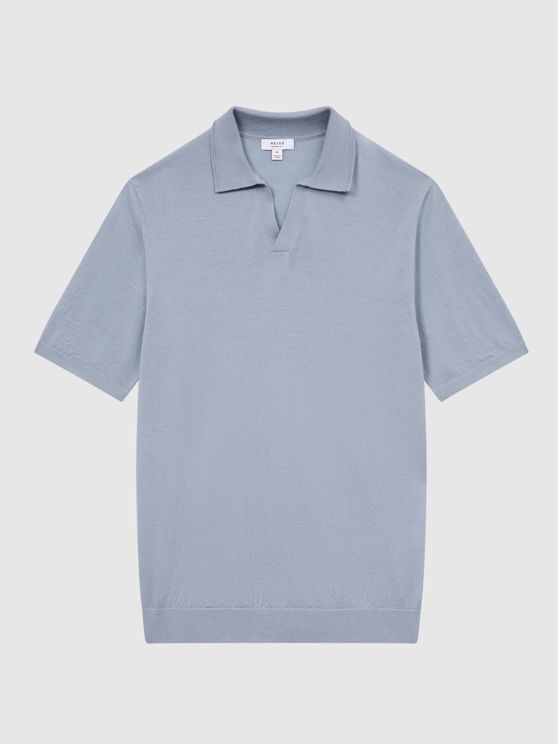Merino Wool Open Collar Polo Shirt in Dove Blue - Image 2 of 6