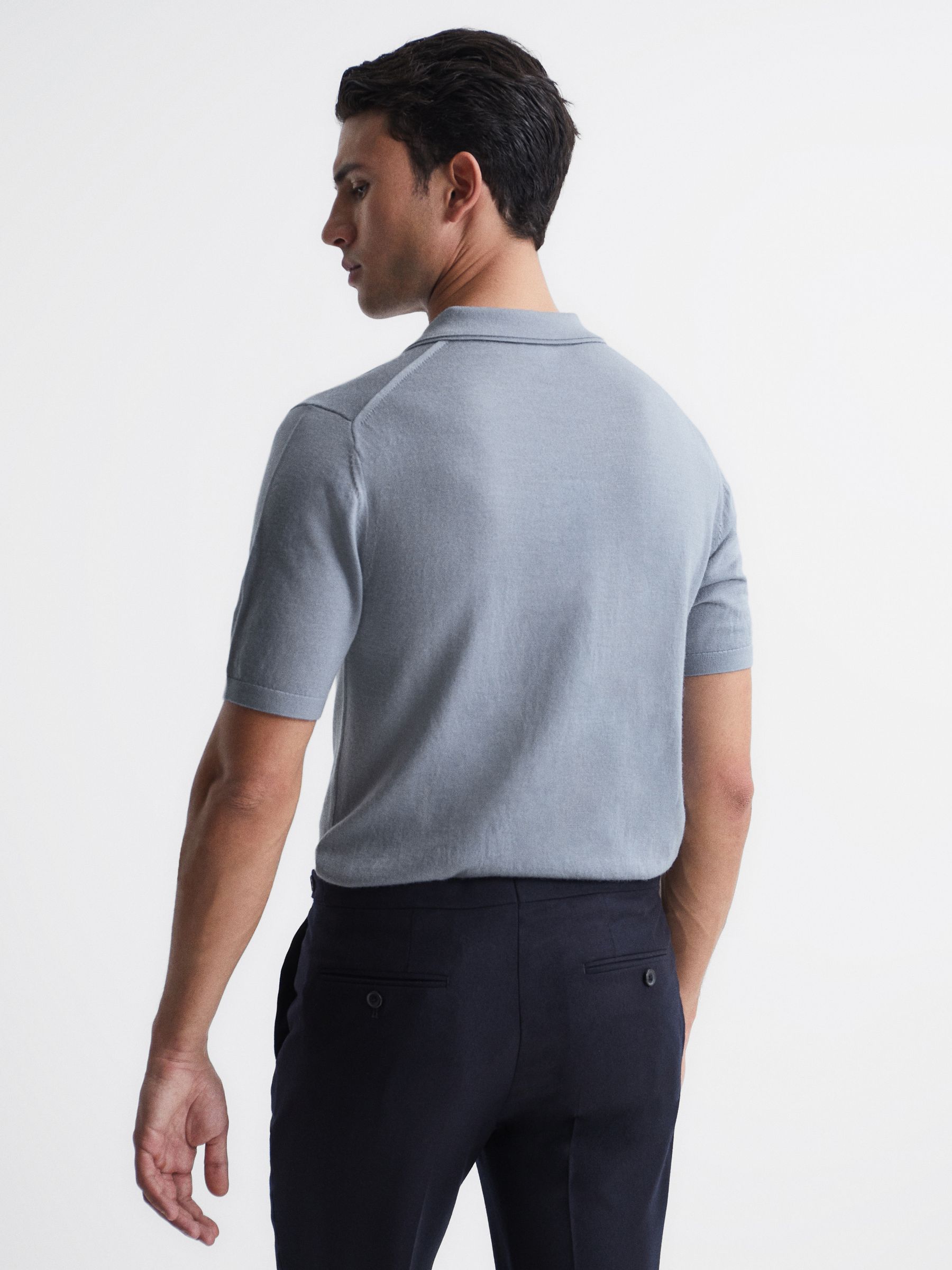 Merino Wool Open Collar Polo Shirt in Dove Blue - Image 3 of 6