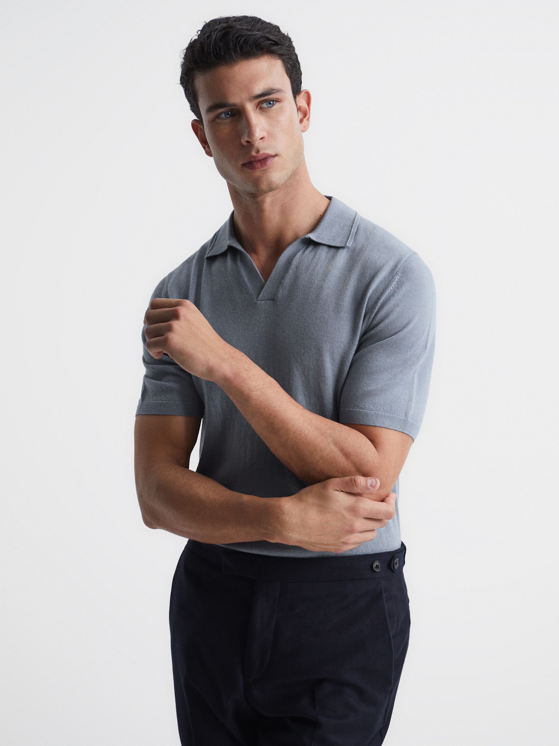 Merino Wool Open Collar Polo Shirt in Dove Blue - Image 4 of 6