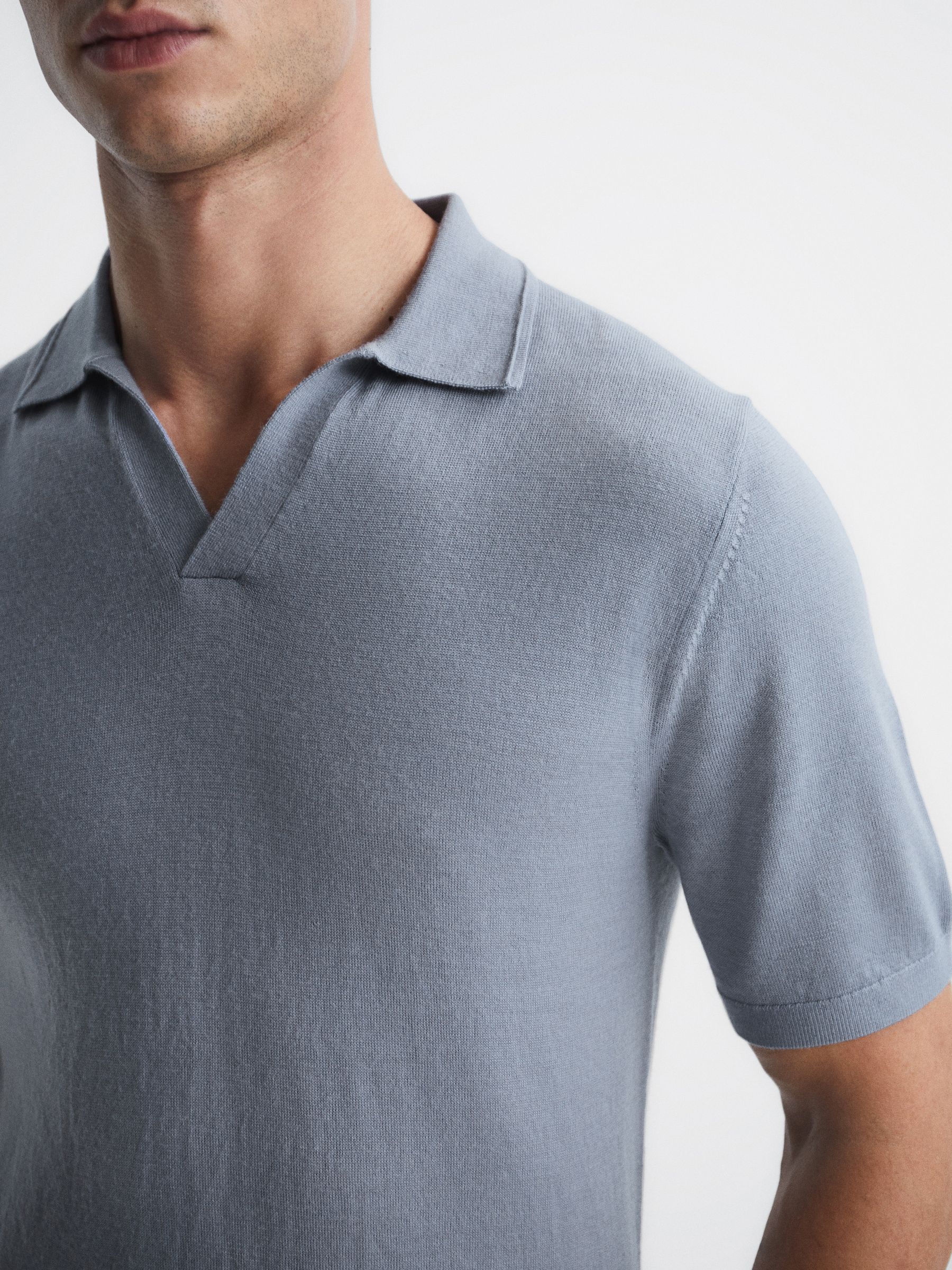 Merino Wool Open Collar Polo Shirt in Dove Blue - Image 5 of 6