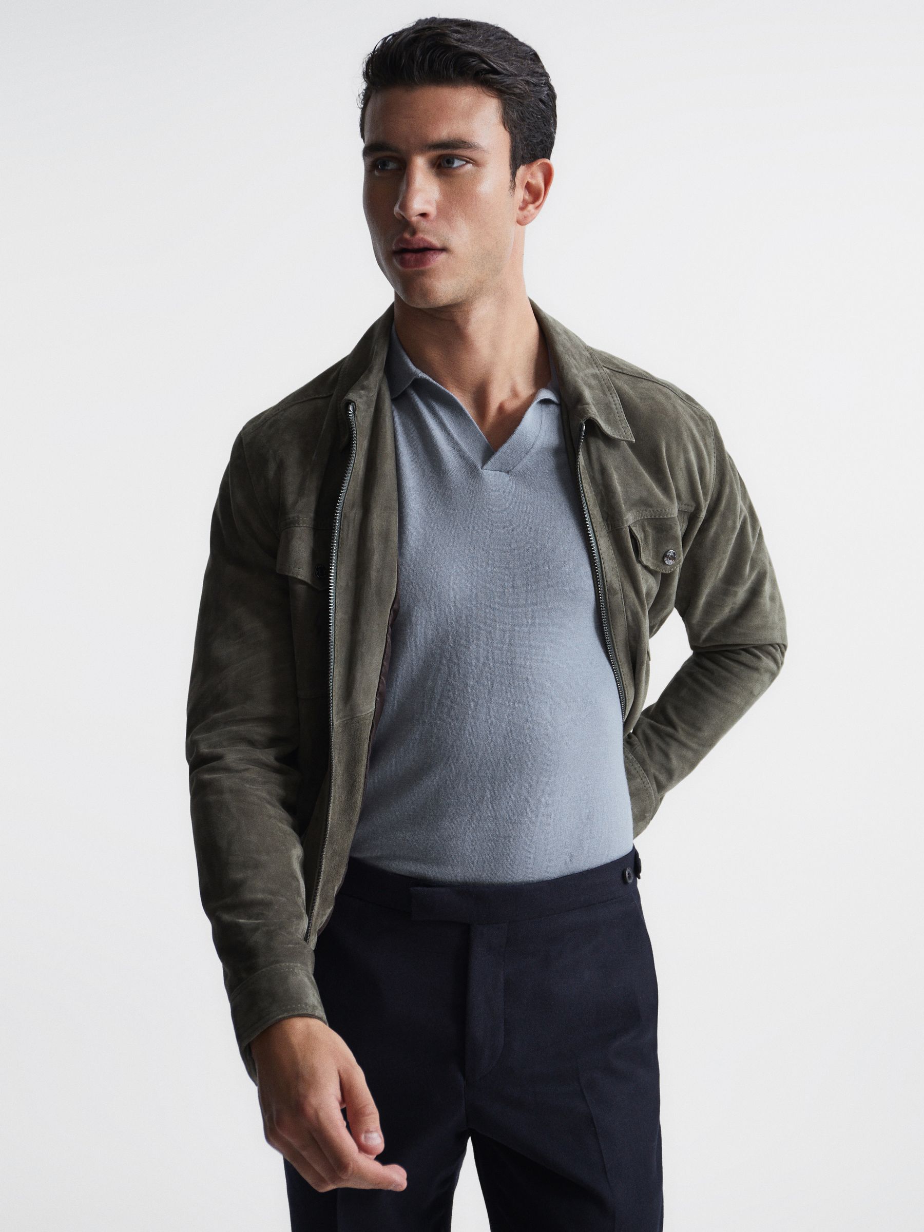 Merino Wool Open Collar Polo Shirt in Dove Blue - Image 6 of 6