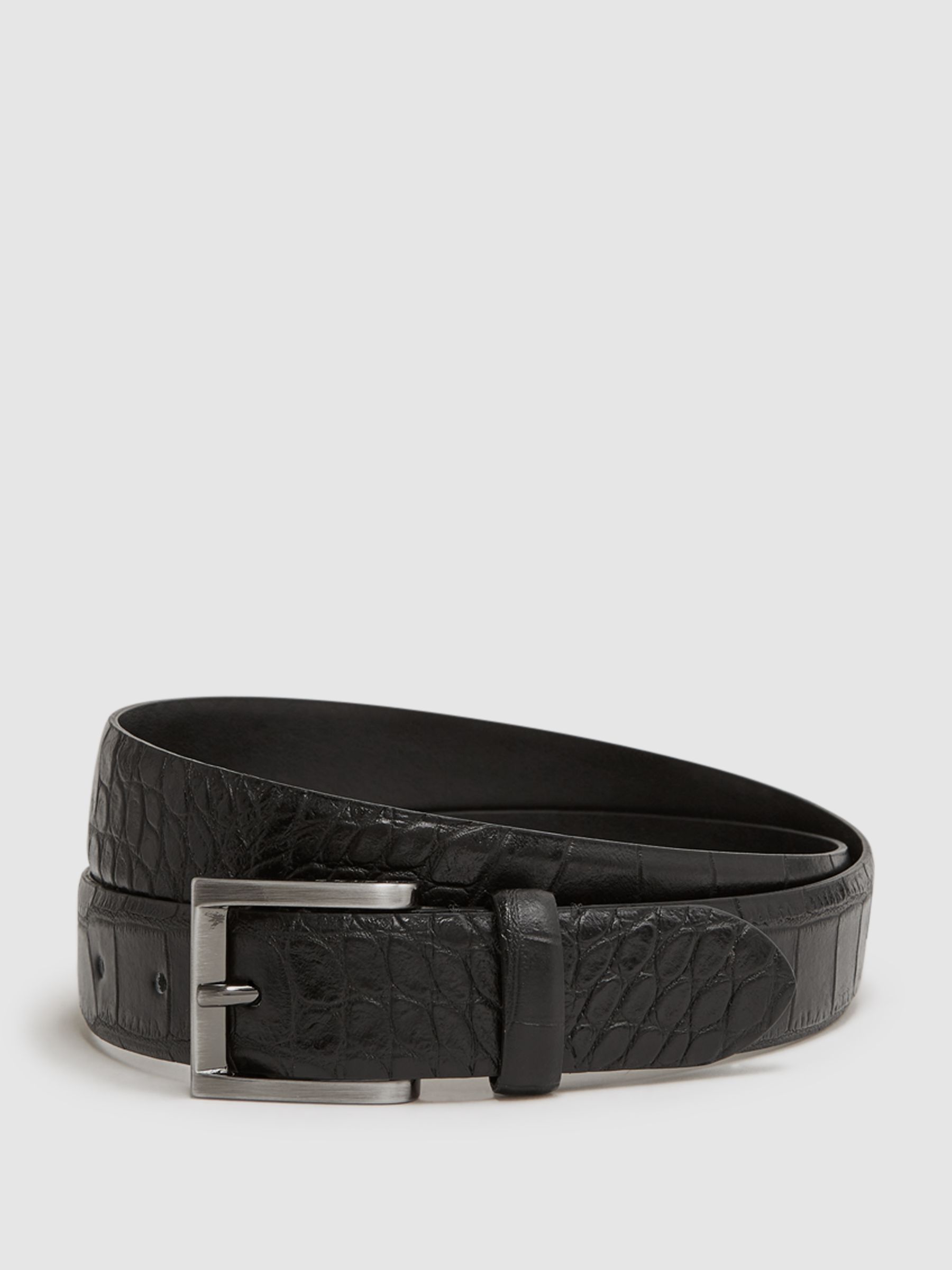 Leather Crocodile Print Belt in Black/Gunmetal - Image 1 of 4