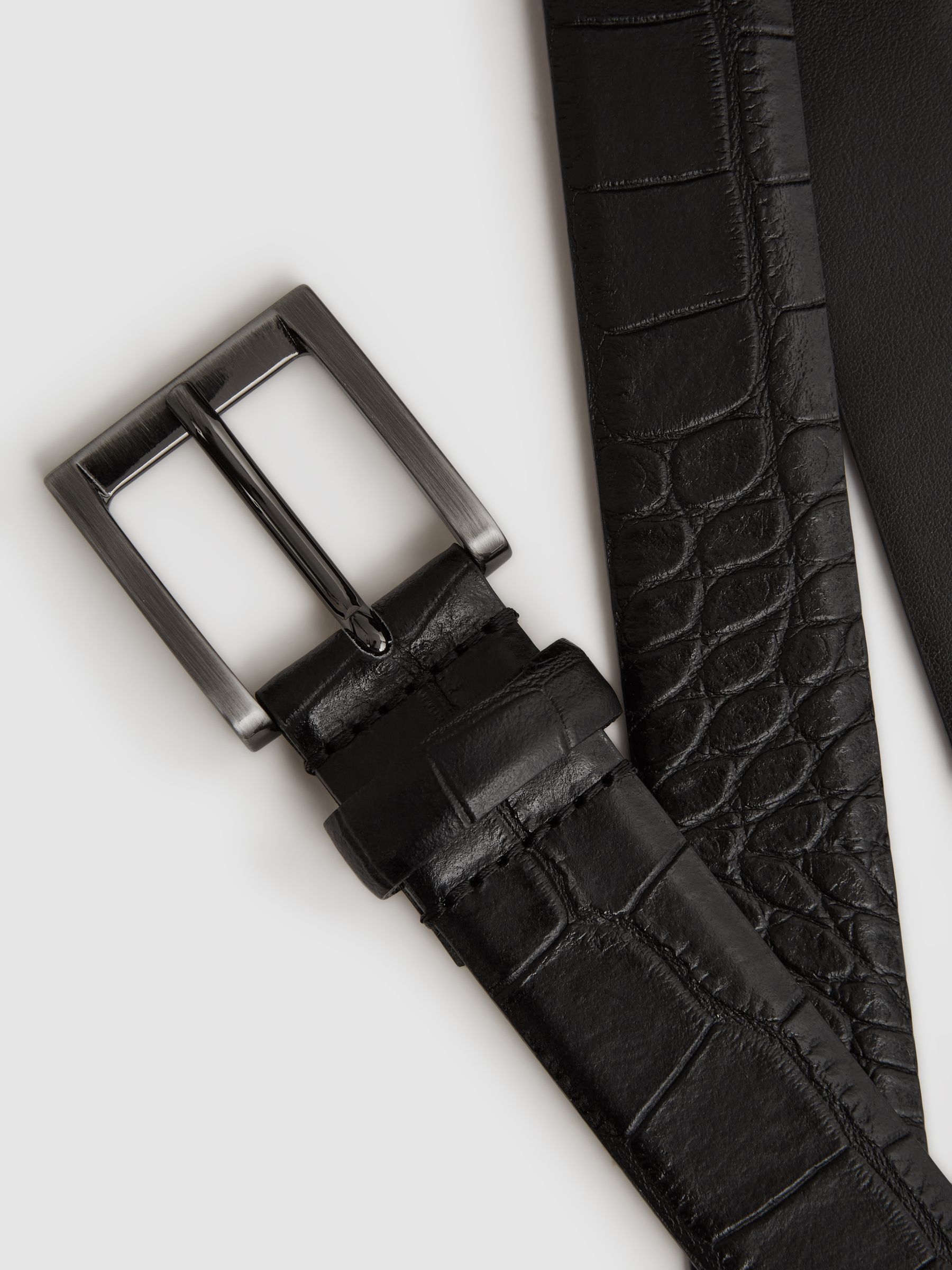 Leather Crocodile Print Belt in Black/Gunmetal - Image 4 of 4