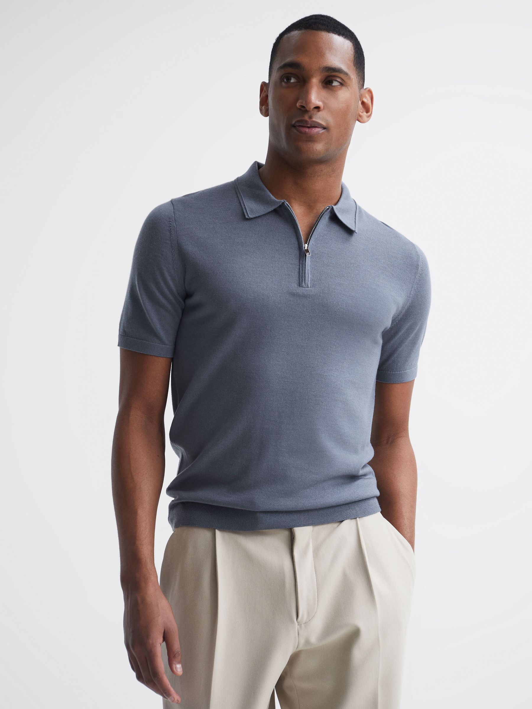 Merino Zip Neck Polo in Nickel Blue - Image 1 of 6