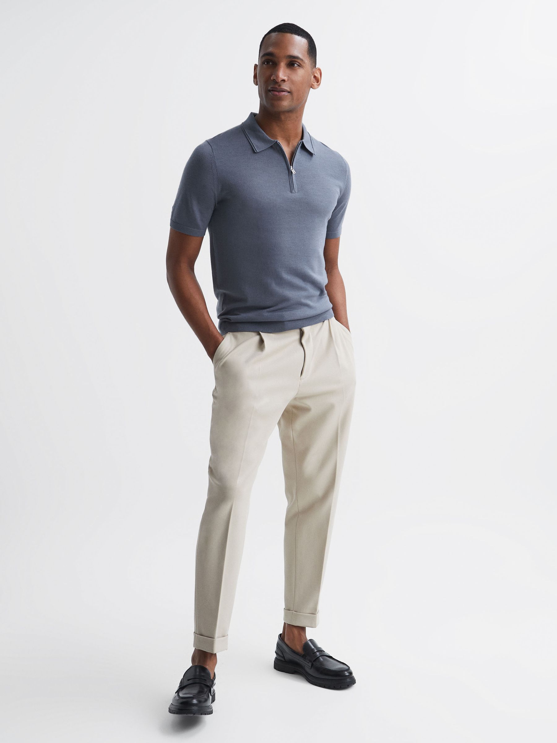 Merino Zip Neck Polo in Nickel Blue - Image 3 of 6