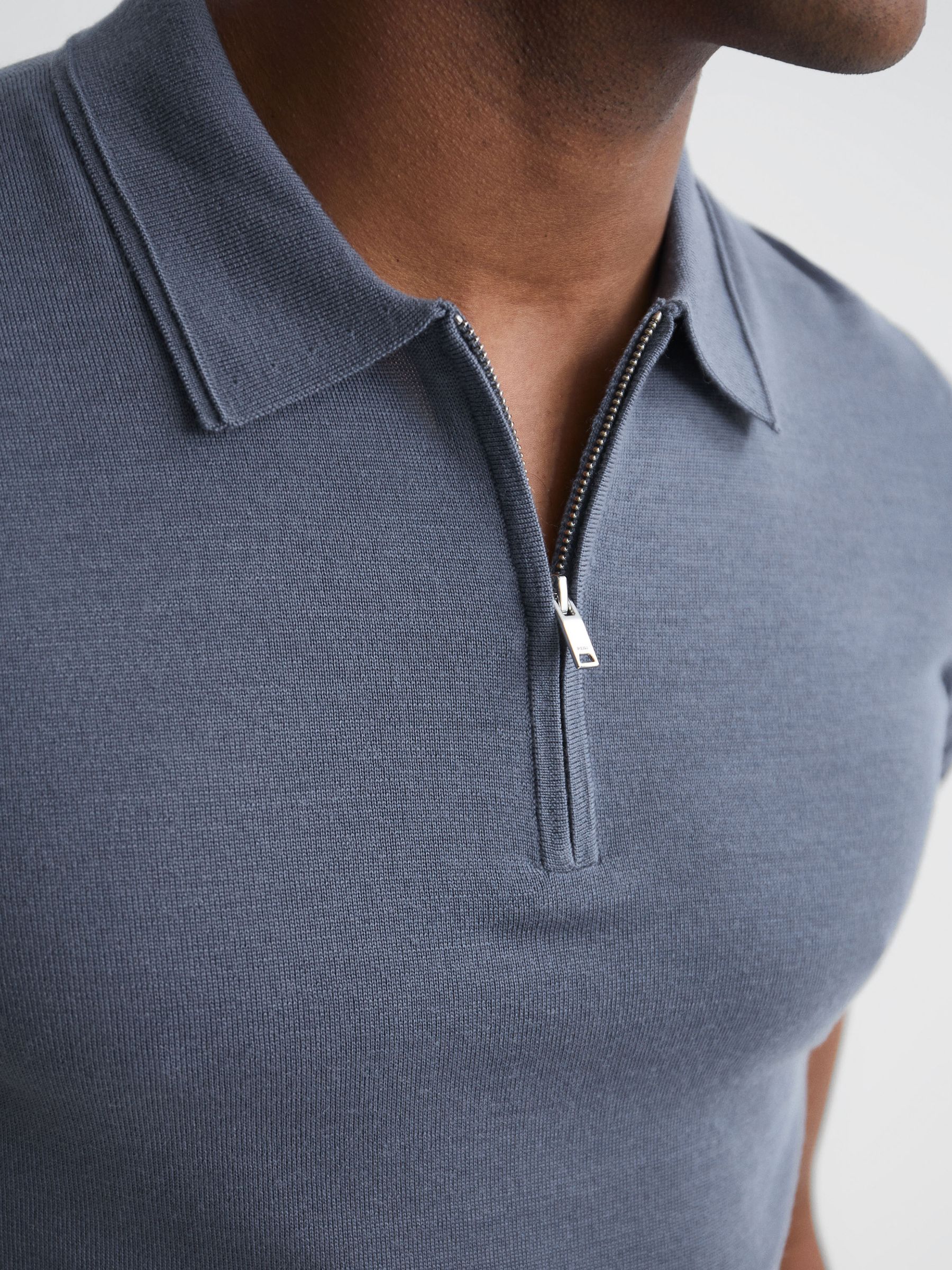 Merino Zip Neck Polo in Nickel Blue - Image 4 of 6