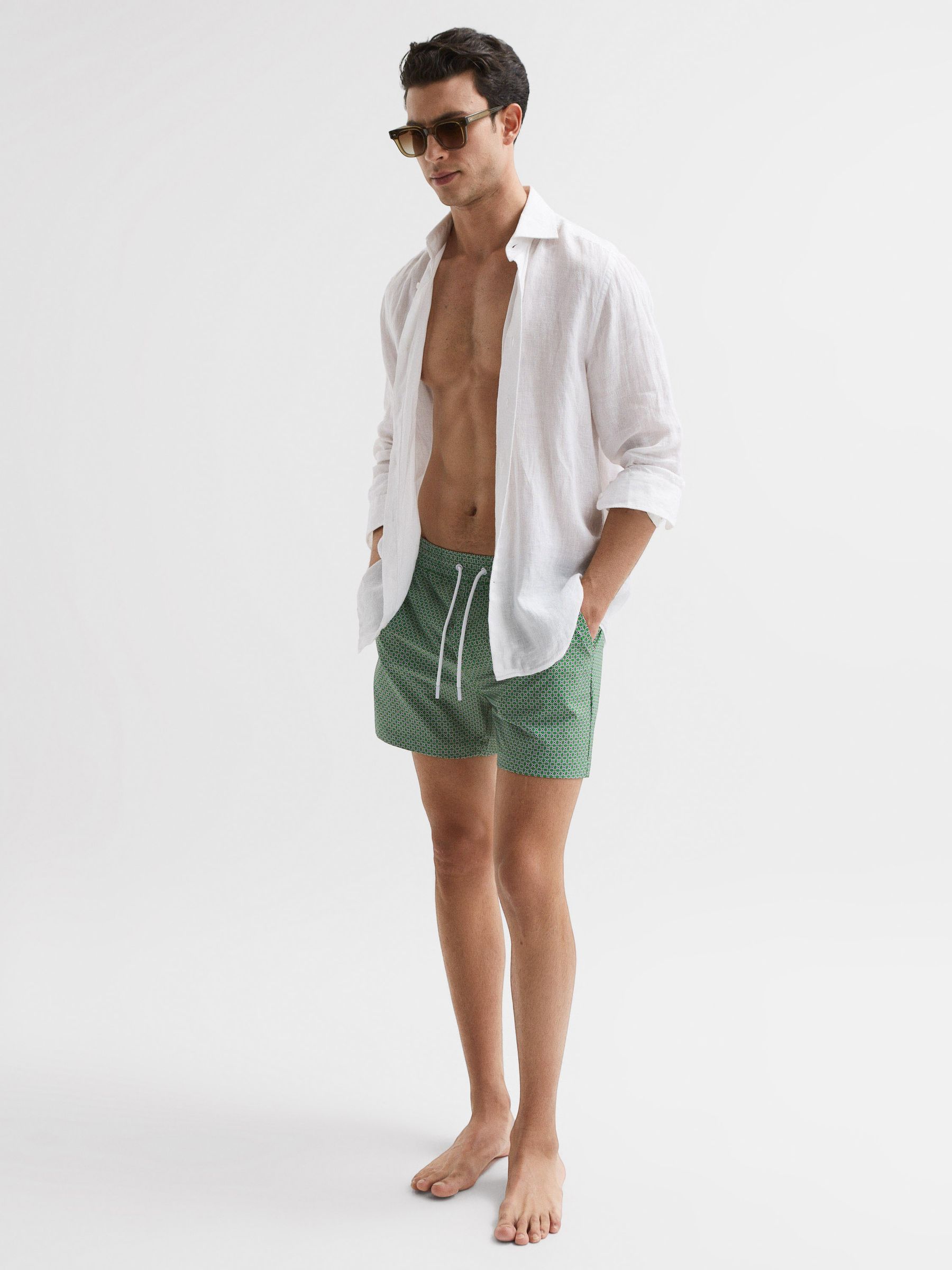 Printed Drawstring Swim Shorts in Bright Green/White - Image 7 of 8