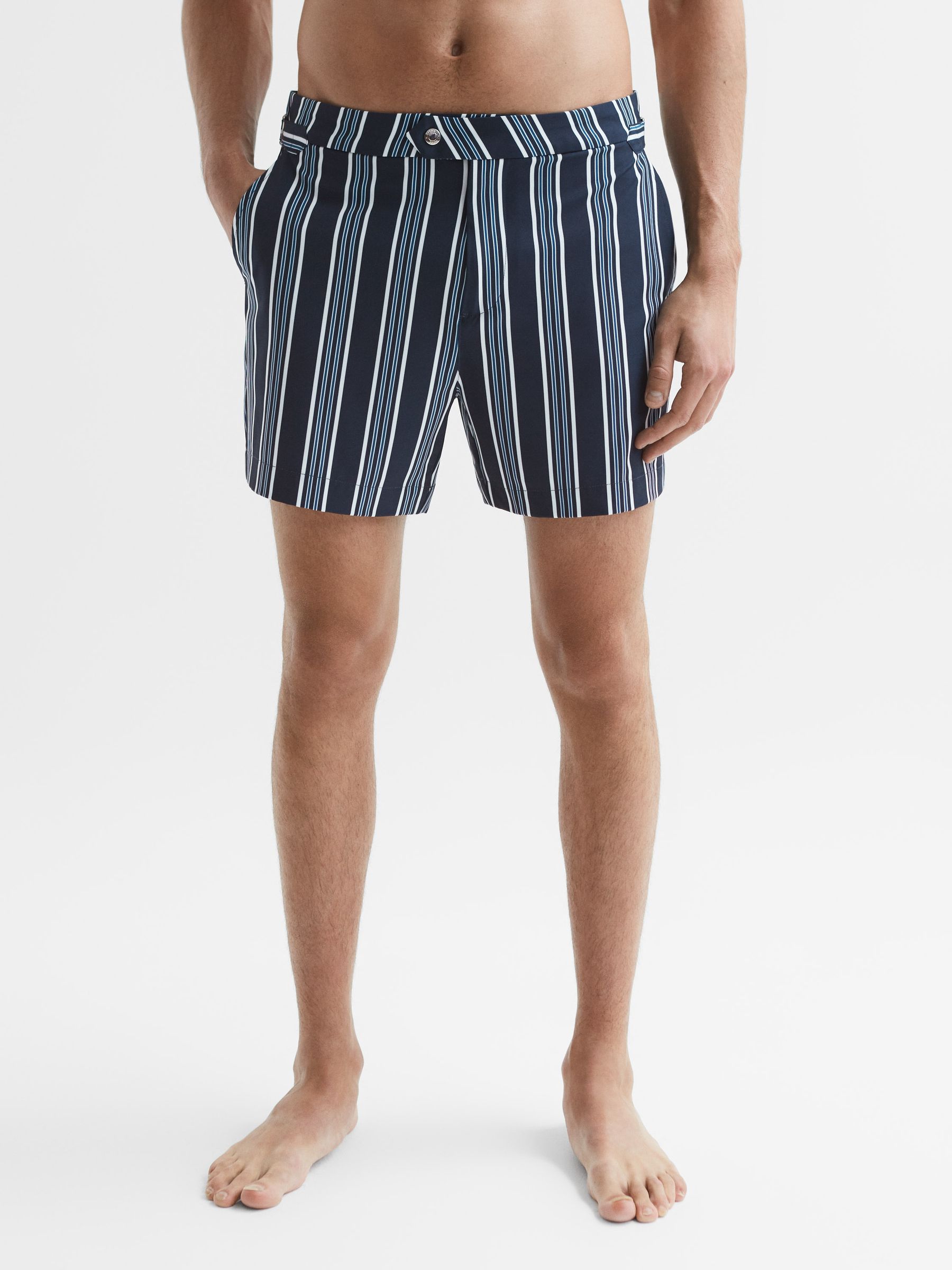 Striped Swim Shorts in Navy - Image 1 of 6 Striped Swim Shorts in Navy - Image 1 of 6
