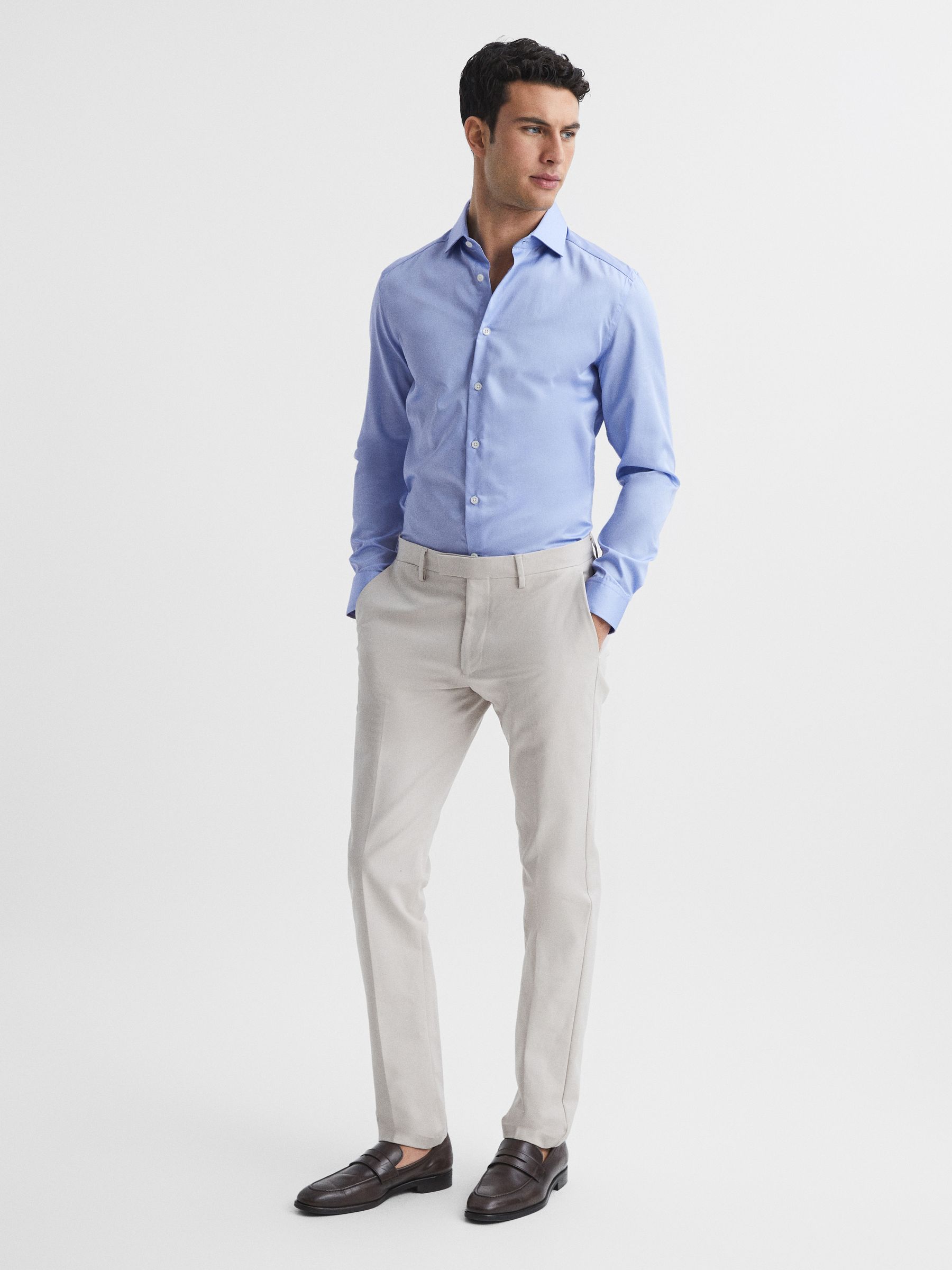Slim Fit Cotton Sateen Shirt in Mid Blue - Image 3 of 8
