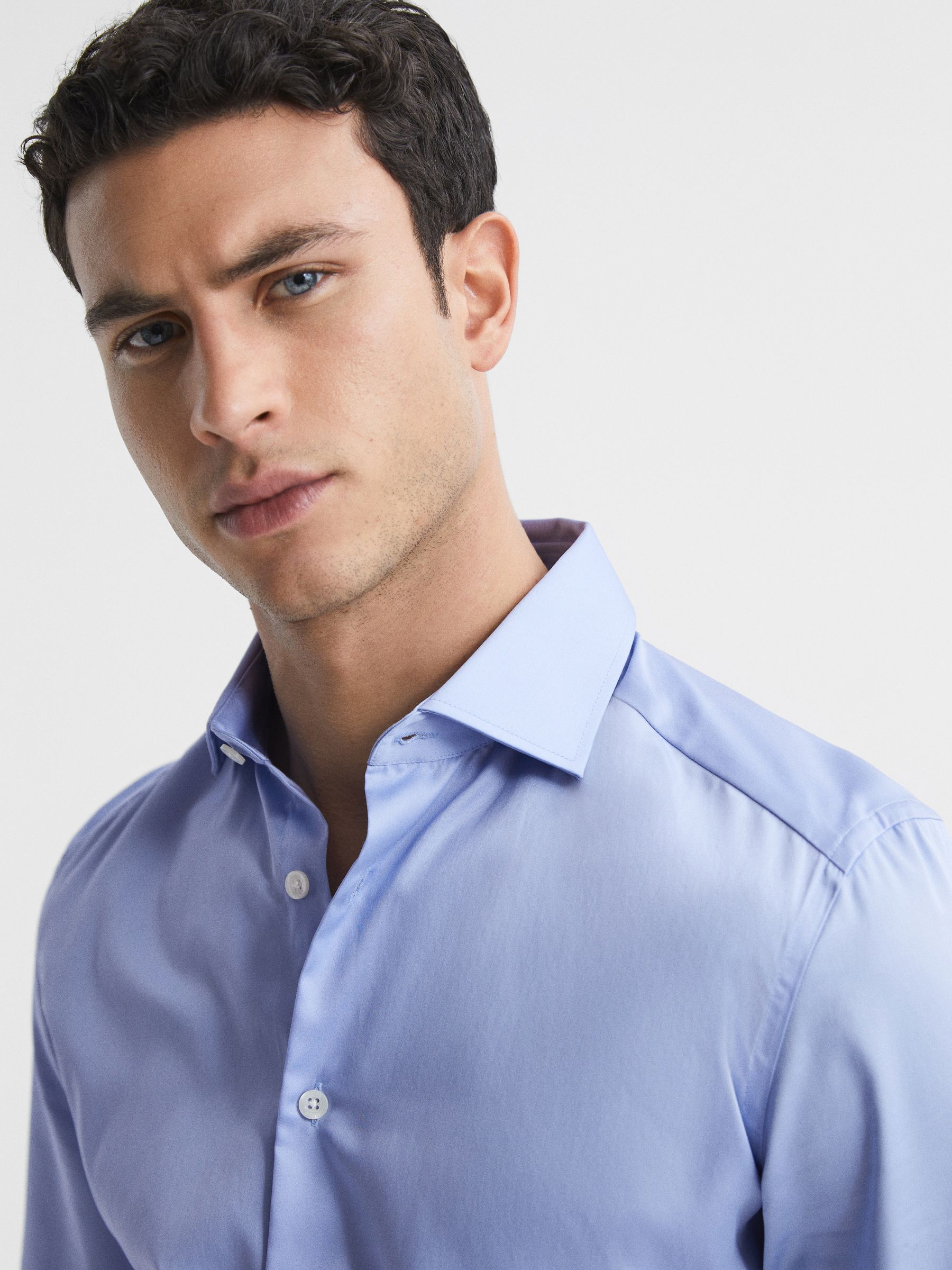 Slim Fit Cotton Sateen Shirt in Mid Blue - Image 4 of 8