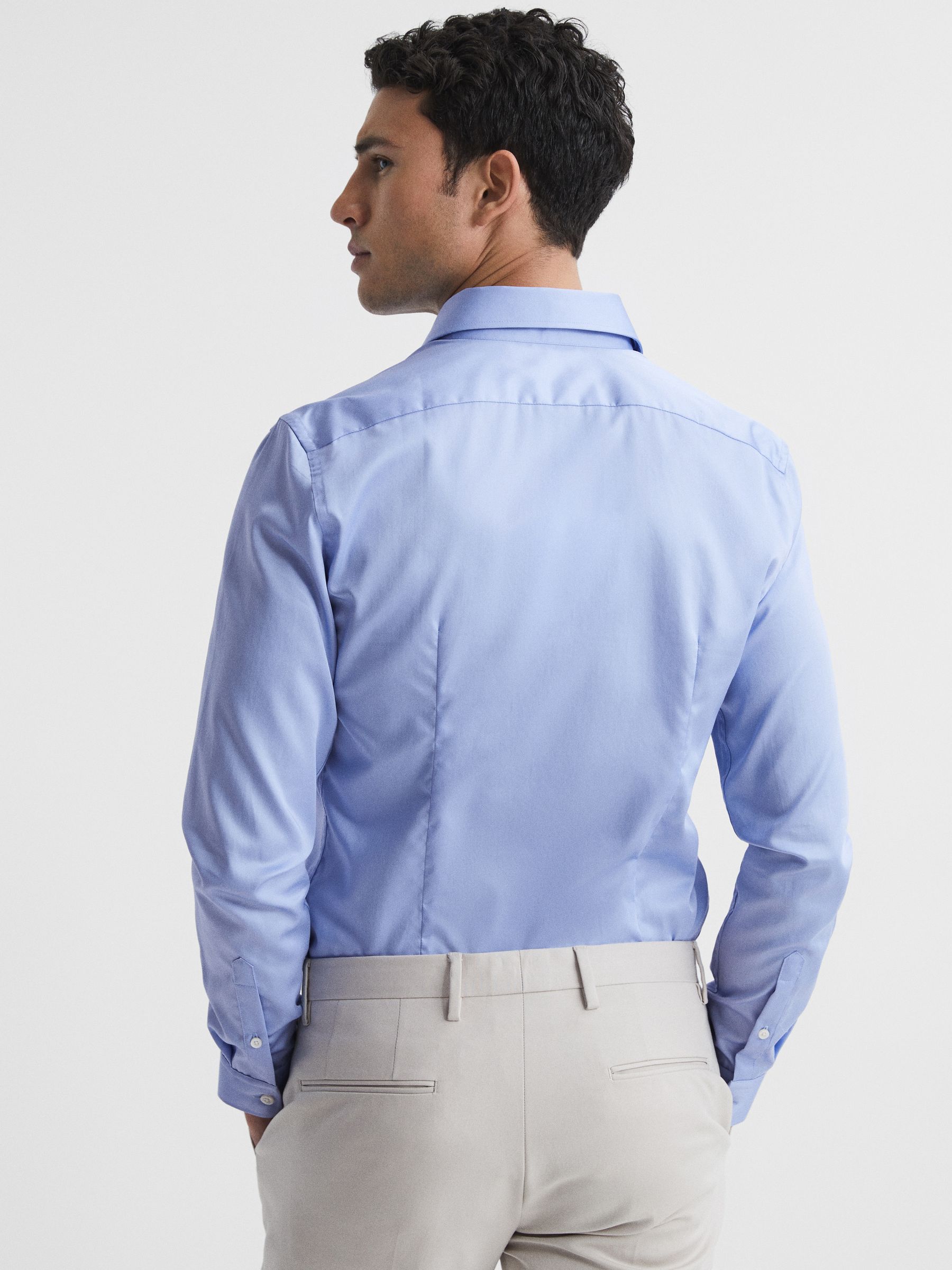 Slim Fit Cotton Sateen Shirt in Mid Blue - Image 5 of 8