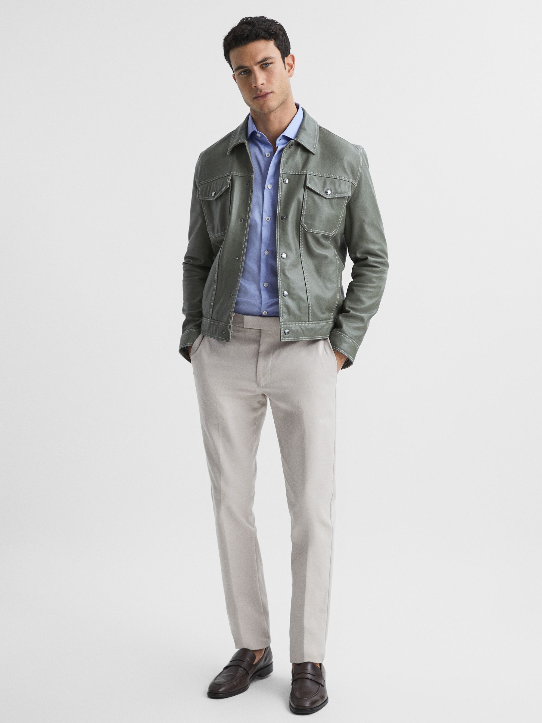 Slim Fit Cotton Sateen Shirt in Mid Blue - Image 6 of 8