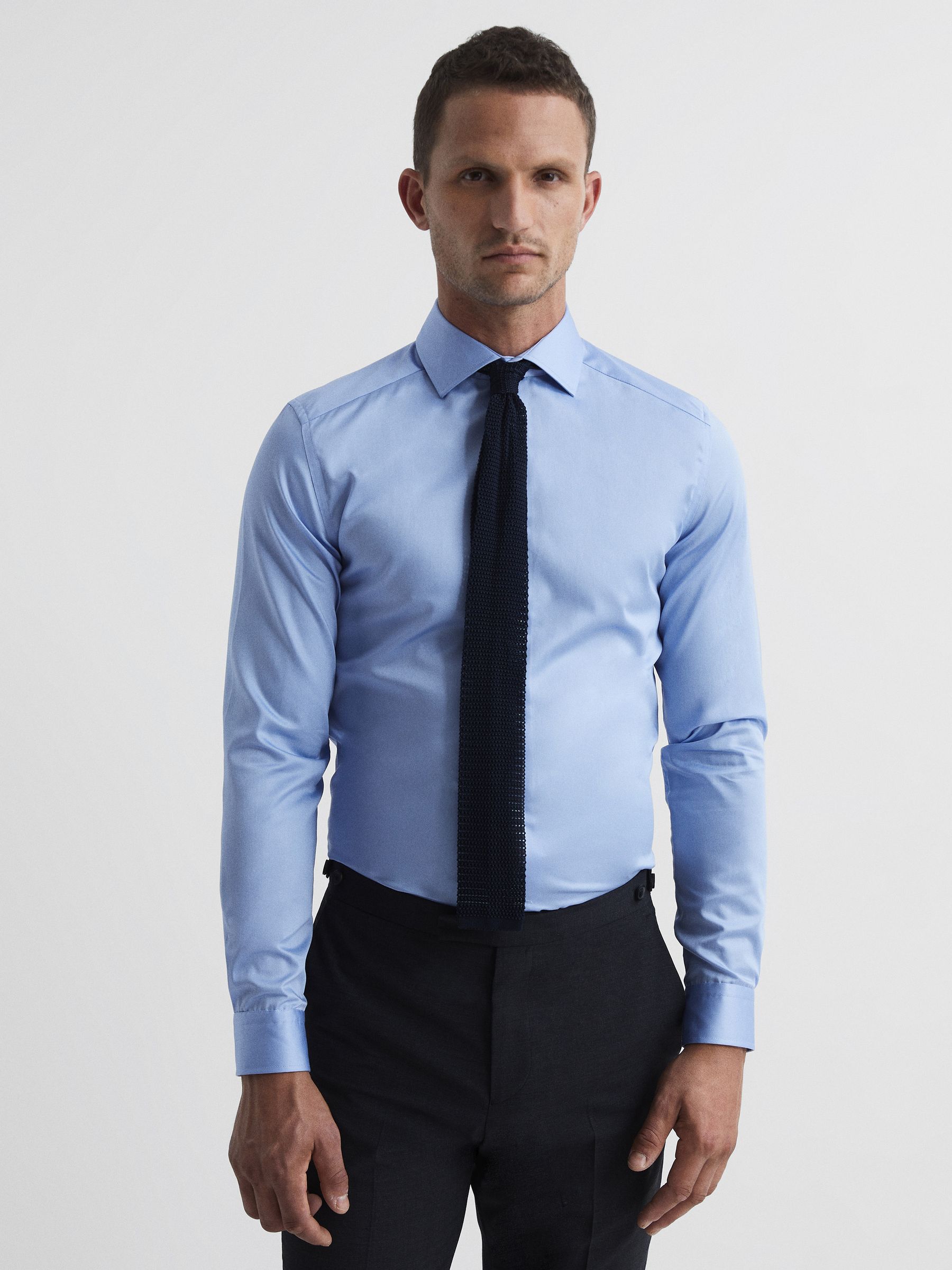 Slim Fit Cotton Sateen Shirt in Mid Blue - Image 7 of 8