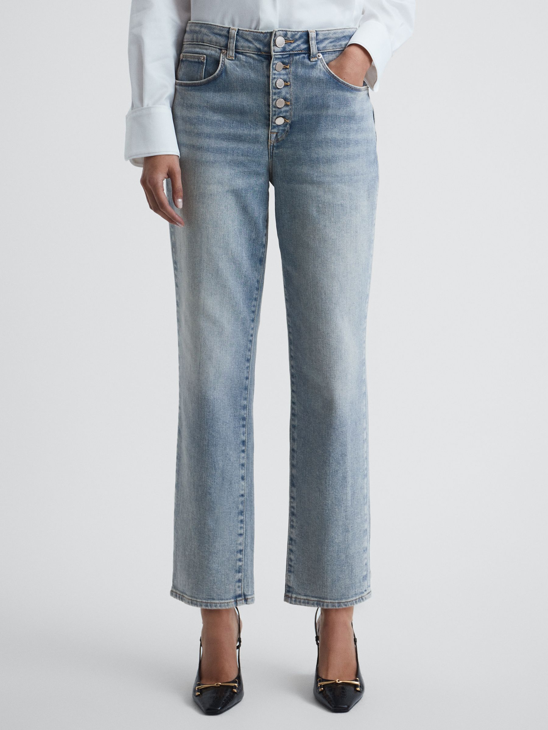 Reiss Cropped Mid Rise Straight Leg Jeans in Light Blue REISS