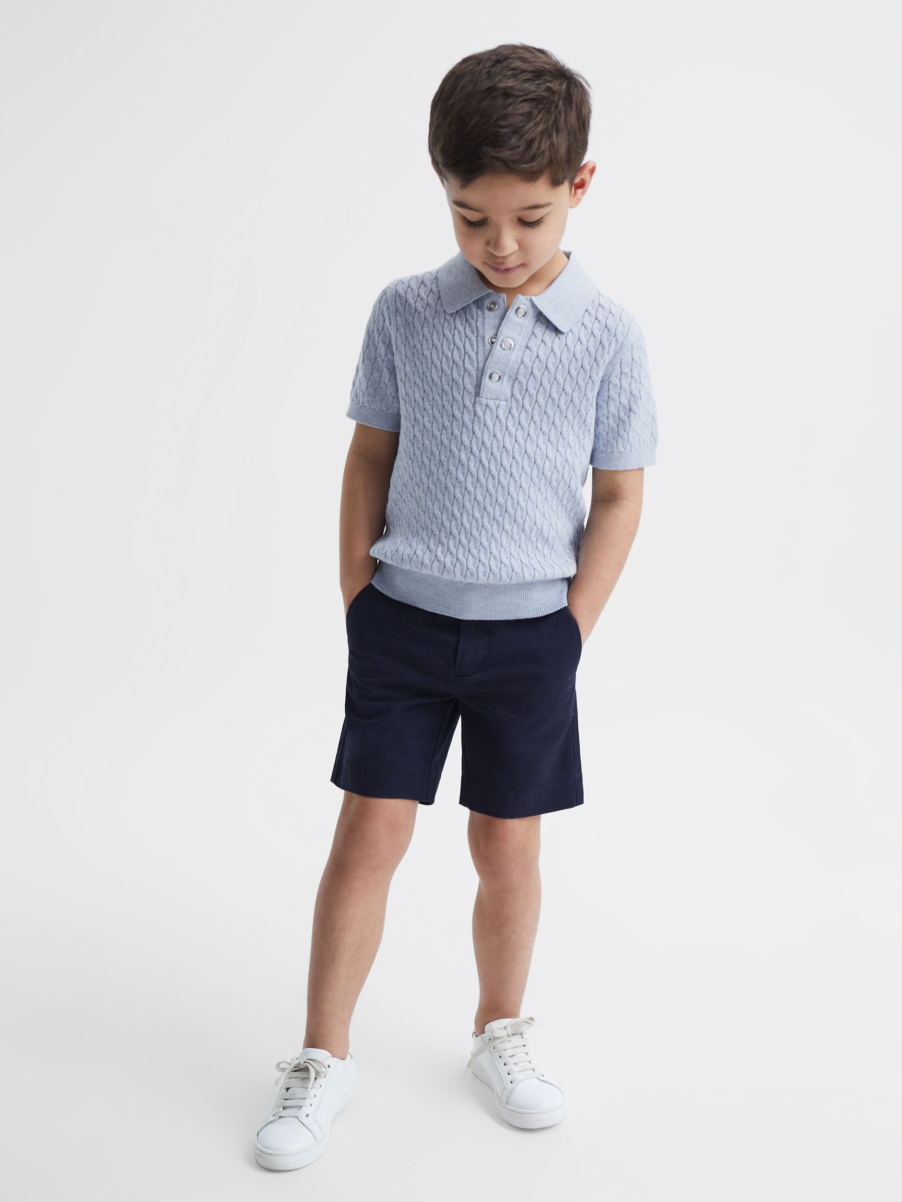 Senior Press Stud Cable Knit Polo Shirt in Soft Blue Melange - Image 1 of 6