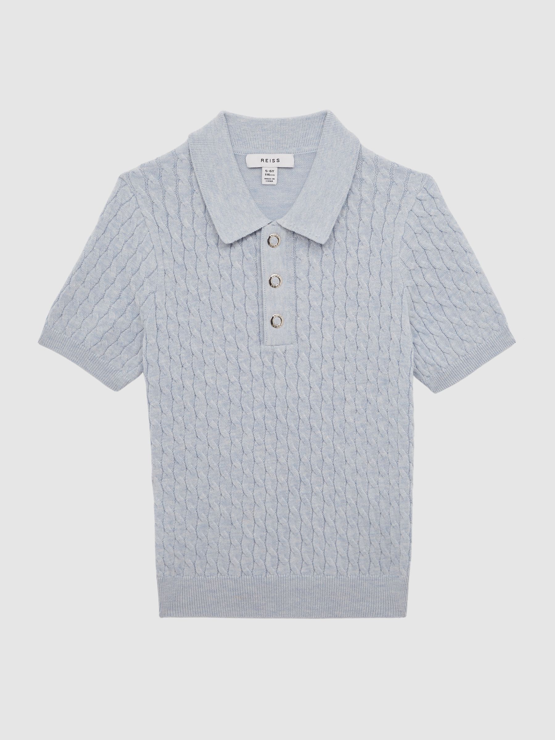 Senior Press Stud Cable Knit Polo Shirt in Soft Blue Melange - Image 2 of 6