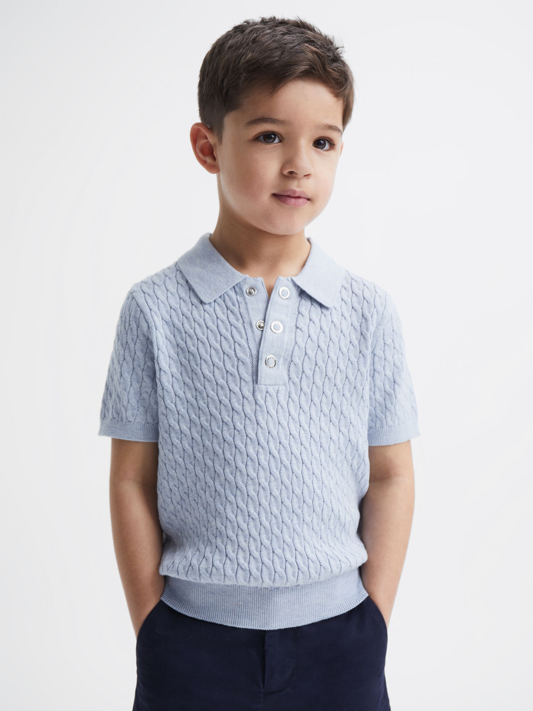 Senior Press Stud Cable Knit Polo Shirt in Soft Blue Melange - Image 3 of 6