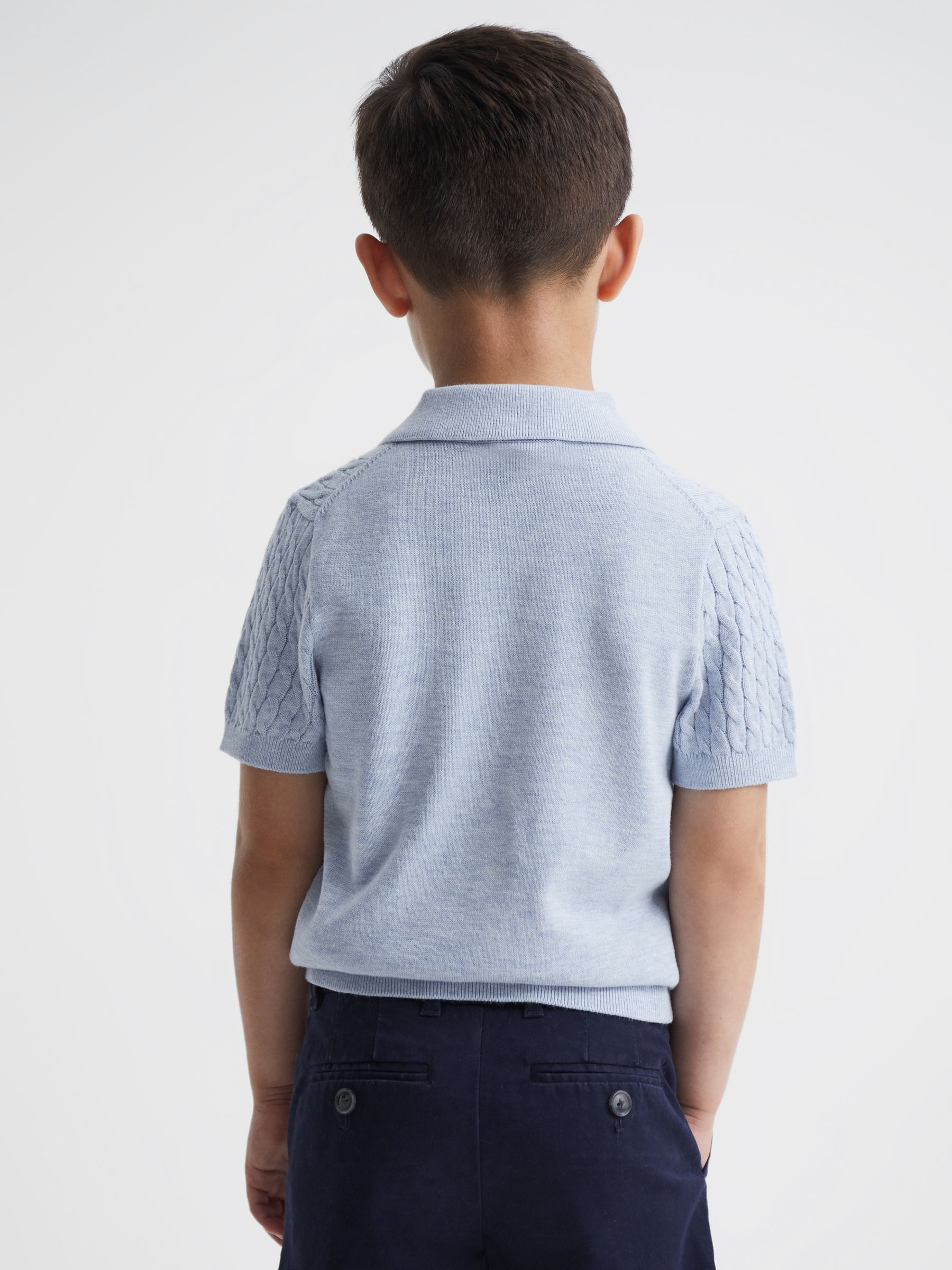 Senior Press Stud Cable Knit Polo Shirt in Soft Blue Melange - Image 5 of 6