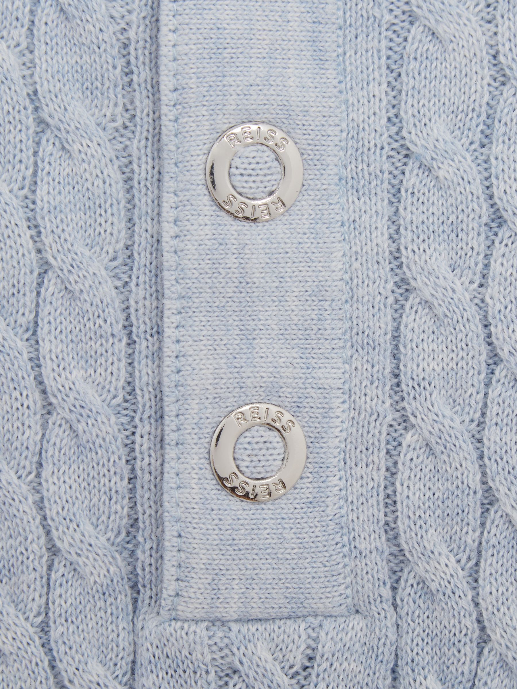 Senior Press Stud Cable Knit Polo Shirt in Soft Blue Melange - Image 6 of 6