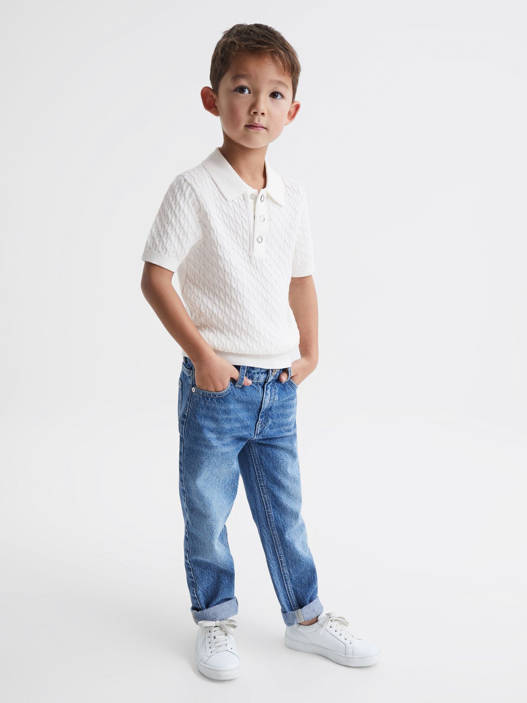 Senior Press Stud Cable Knit Polo Shirt in Ecru - Image 1 of 6