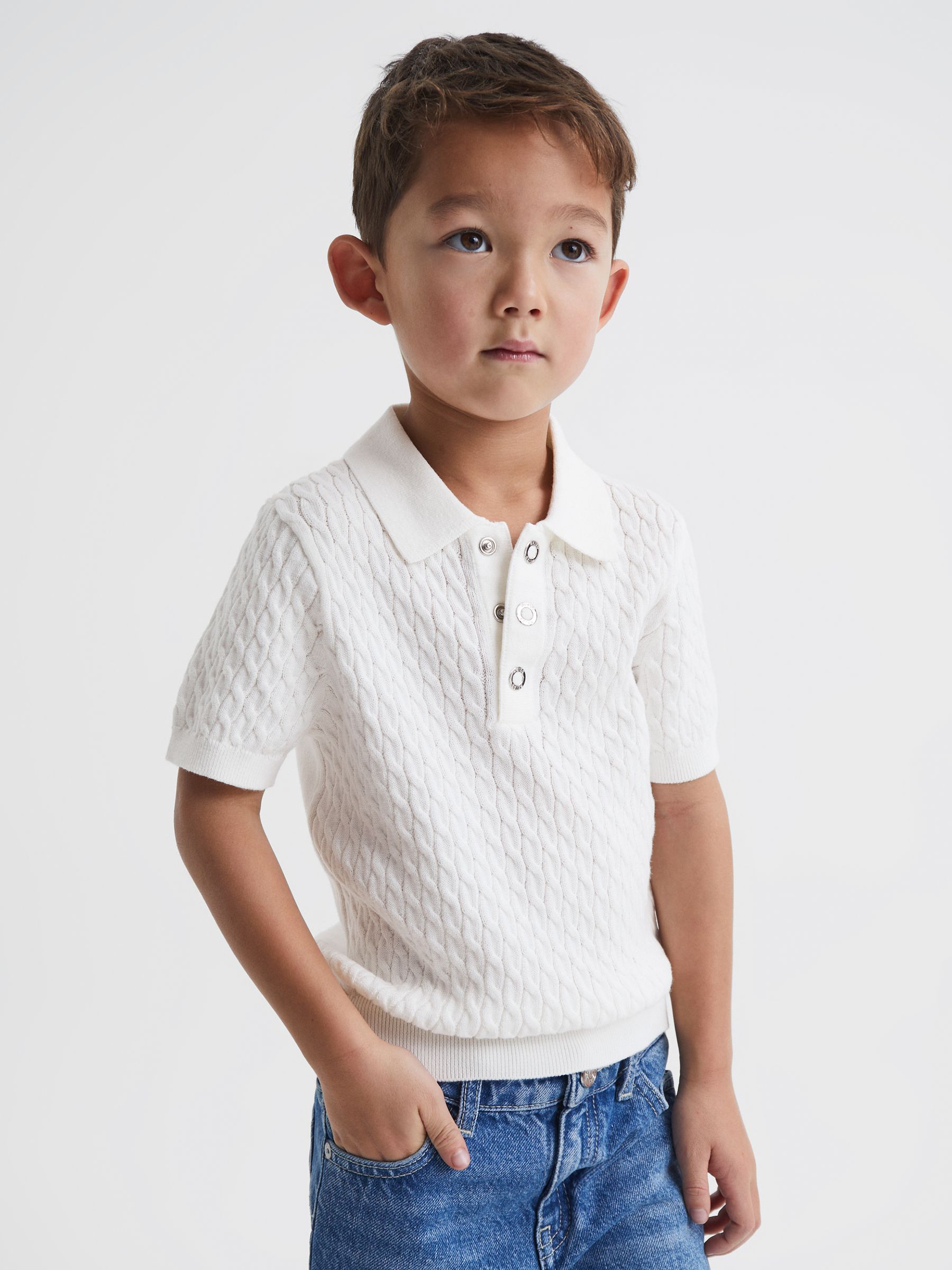 Senior Press Stud Cable Knit Polo Shirt in Ecru - Image 3 of 6