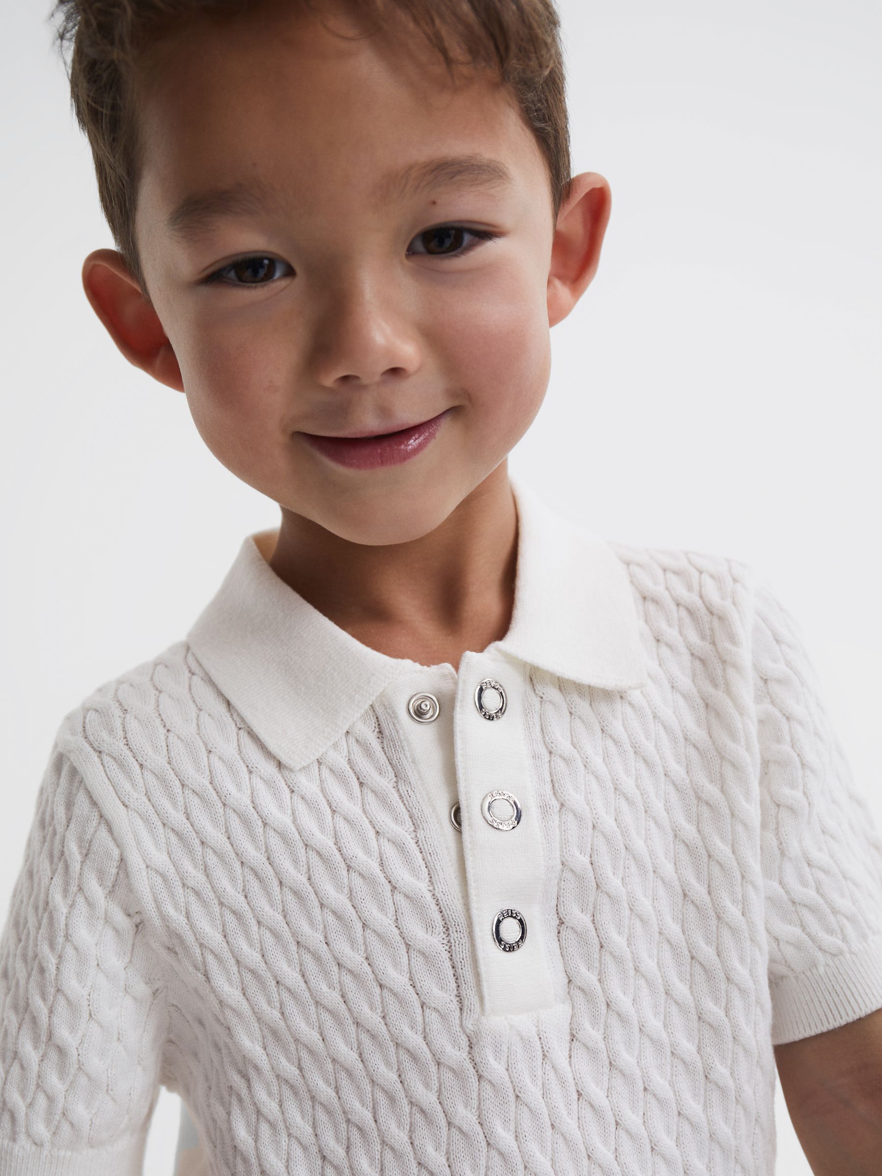 Senior Press Stud Cable Knit Polo Shirt in Ecru - Image 4 of 6